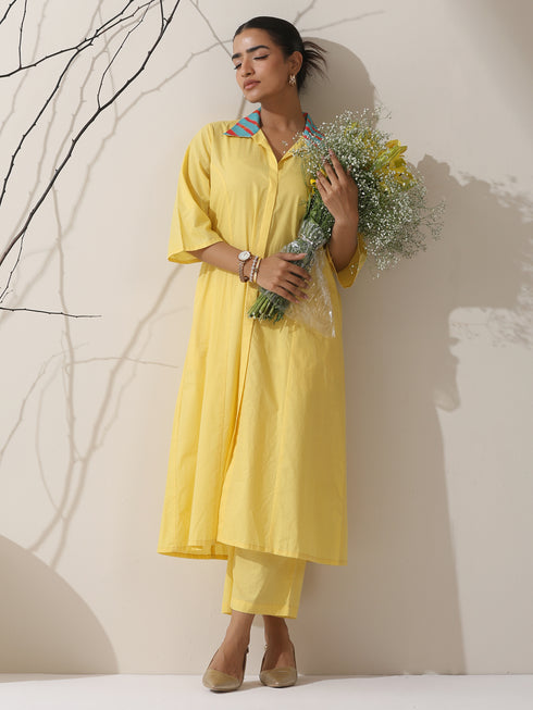 Women's Sun Glow Cotton Paneled Kurta with Printed Collar & Pants | 2 Pc Set, Bright Ethnic Co-ord, Easy & Stylish Daywear