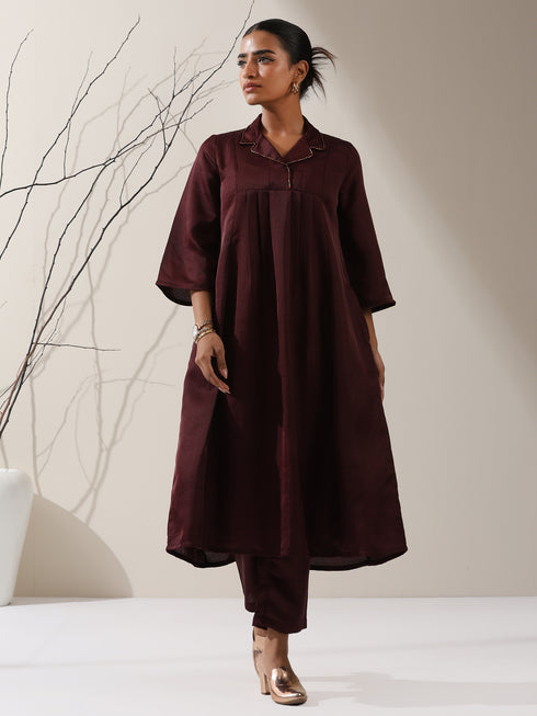 Women's Chocolate Prf't Lux Bib Collar Kurta with Bead Detailing & Pants | 2 Pc Set, Luxe Ethnic Co-ord, Rich Festive Ensemble