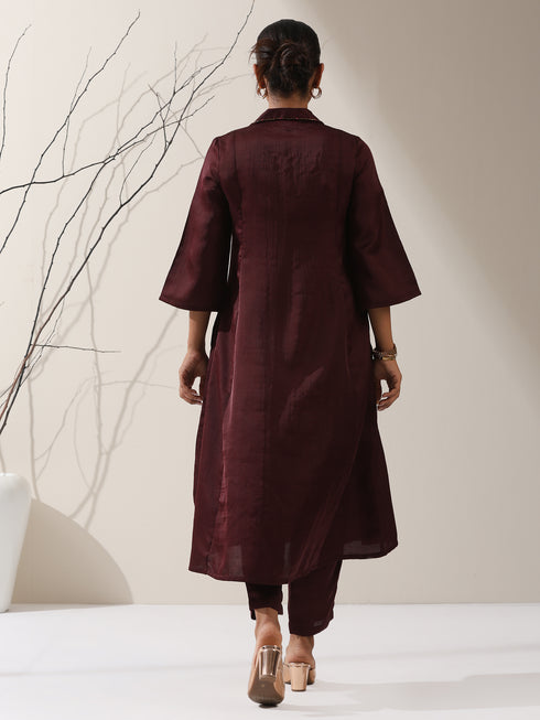 Women's Chocolate Prf't Lux Bib Collar Kurta with Bead Detailing & Pants | 2 Pc Set, Luxe Ethnic Co-ord, Rich Festive Ensemble