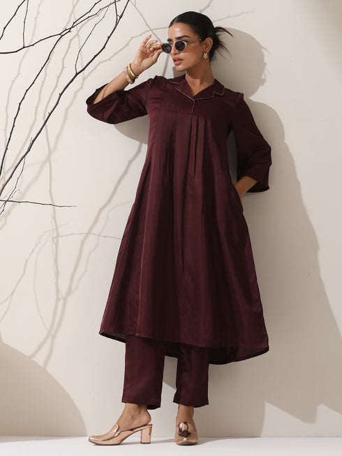 Women's Chocolate Prf't Lux Bib Collar Kurta with Bead Detailing & Pants | 2 Pc Set, Luxe Ethnic Co-ord, Rich Festive Ensemble