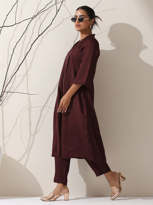Women's Chocolate Prf't Lux Bib Collar Kurta with Bead Detailing & Pants | 2 Pc Set, Luxe Ethnic Co-ord, Rich Festive Ensemble