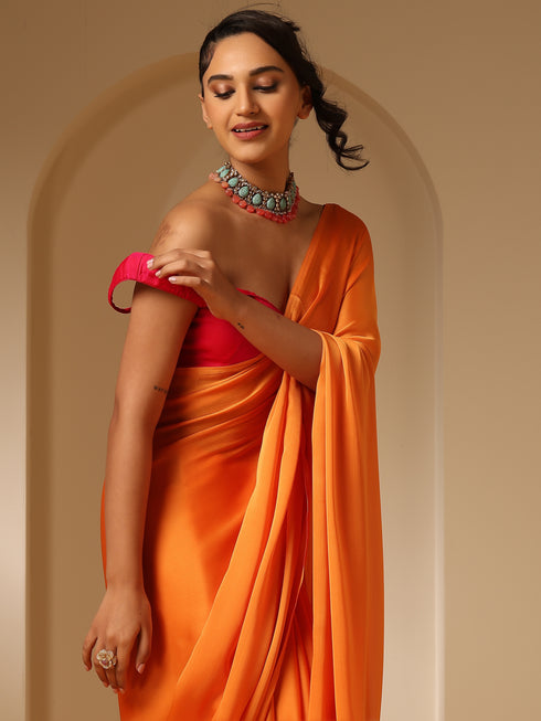 Orange Soft Chiffon Saree with Fuchsia Blouse Fabric
