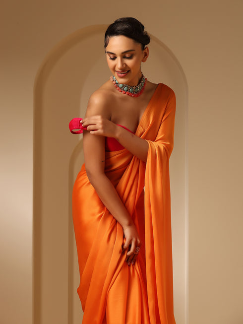 Orange Soft Chiffon Saree with Fuchsia Blouse Fabric