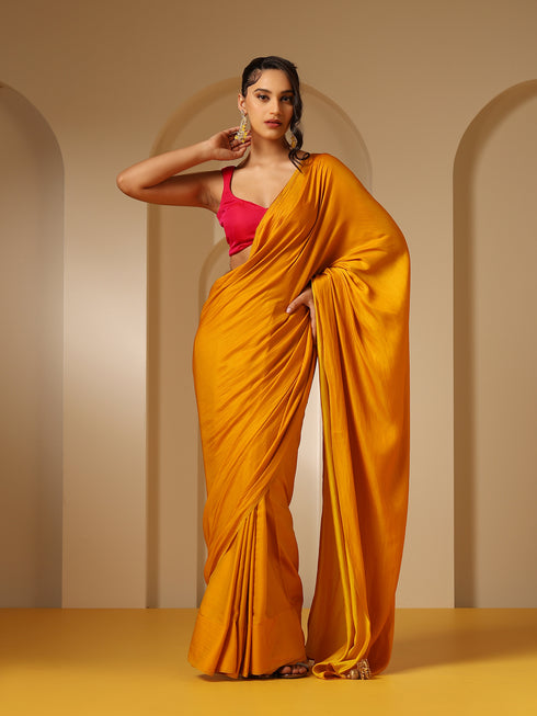 Haldi Yellow Dual Shade Satin Saree with Fuchsia Satin Blouse Fabric