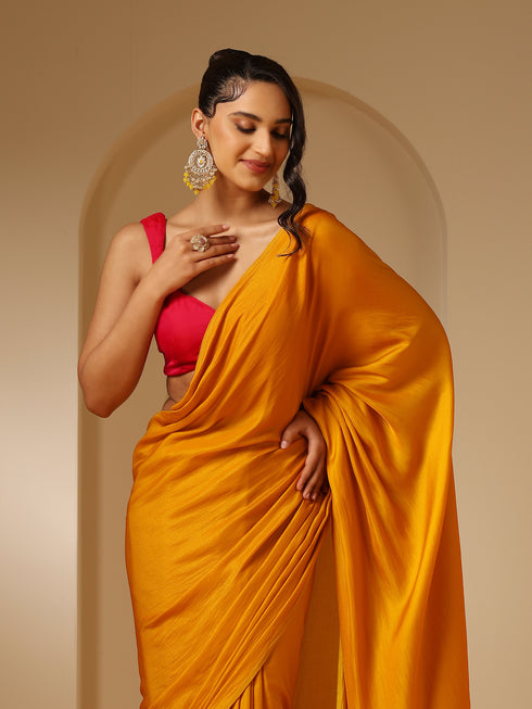 Haldi Yellow Dual Shade Satin Saree with Fuchsia Satin Blouse Fabric