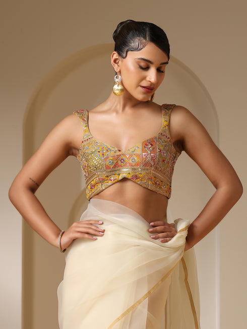 Embroidered Yellow and Green Blouse with Pendant Tie