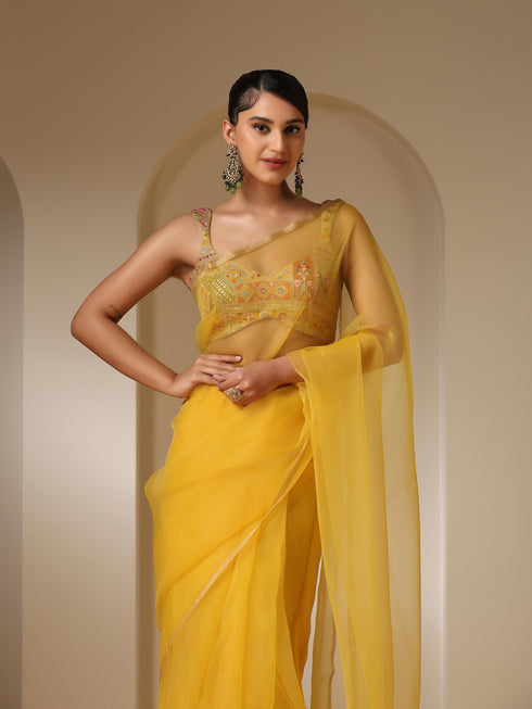 Embroidered Yellow and Green Blouse with Pendant Tie