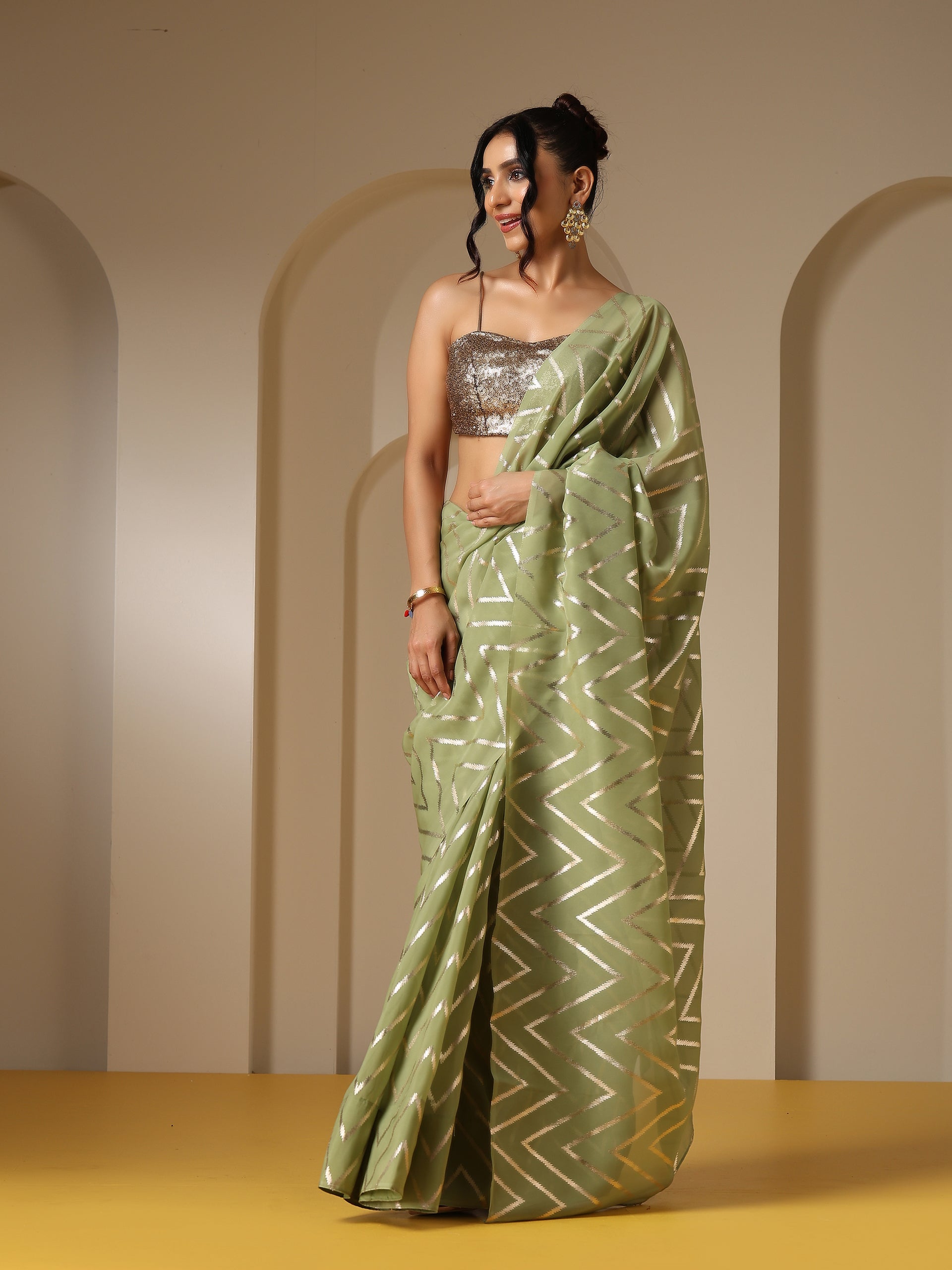 Ripple Mint Gold Print Organza Saree