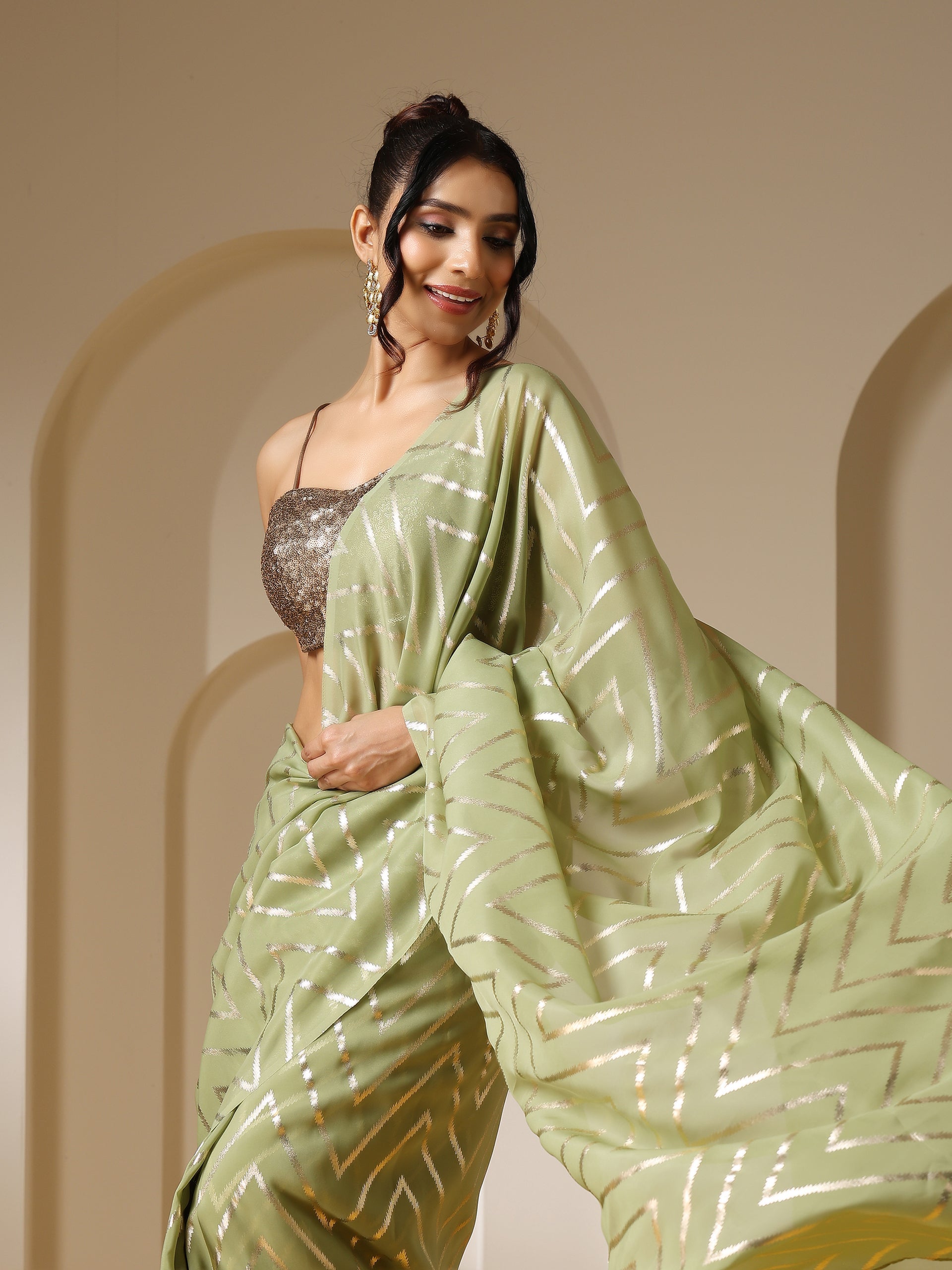Ripple Mint Gold Print Organza Saree