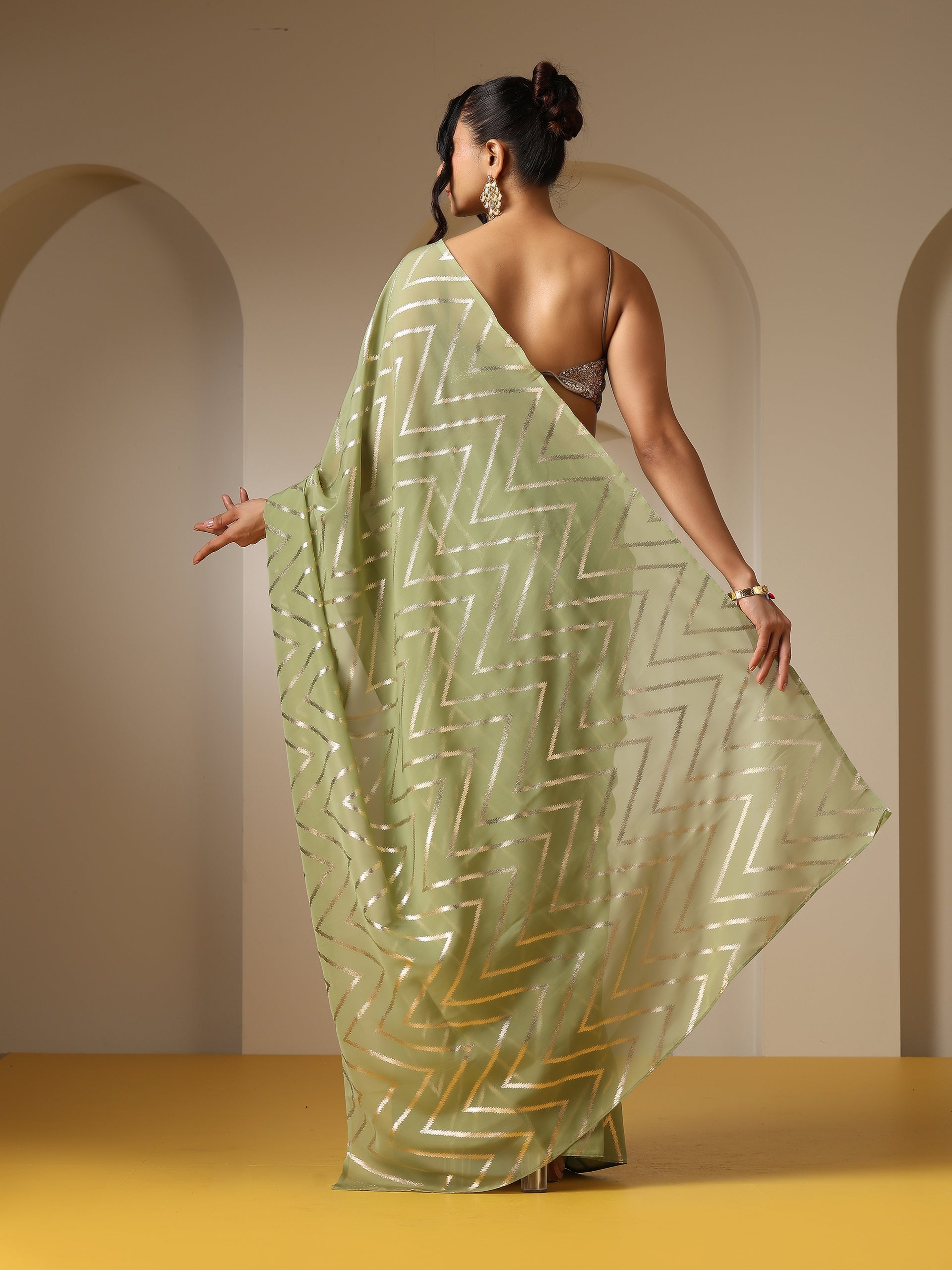 Ripple Mint Gold Print Organza Saree