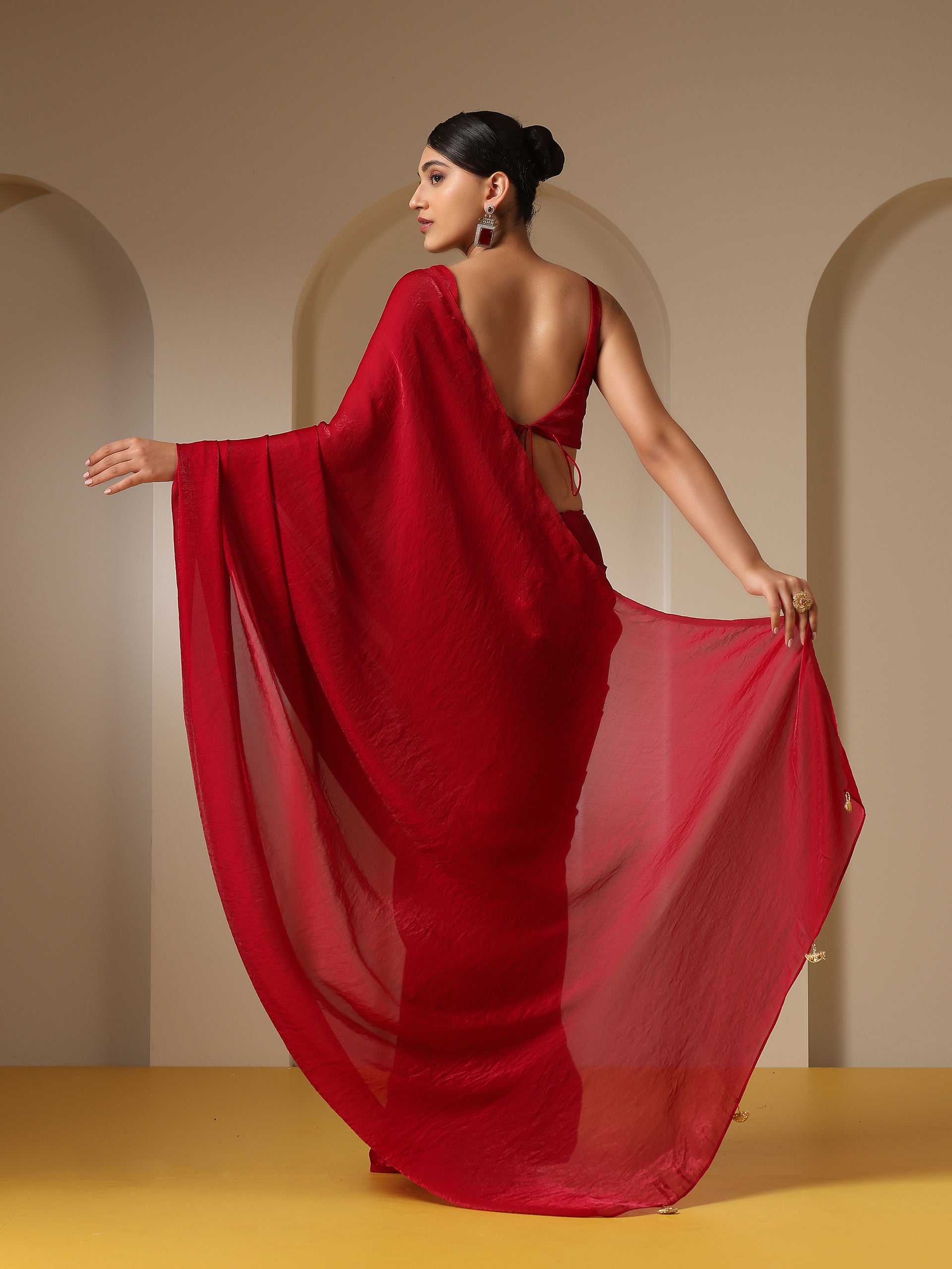 Metallic Fuchsia Red Satin Saree with Pendants and Self Blouse Fabric