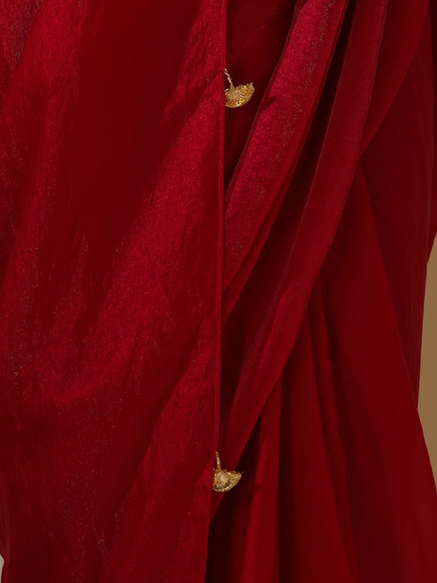 Metallic Fuchsia Red Satin Saree with Pendants and Self Blouse Fabric