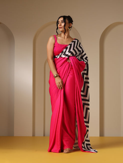 Fuchsia Satin Saree with Chevron Print with Fuchsia Blouse Fabric