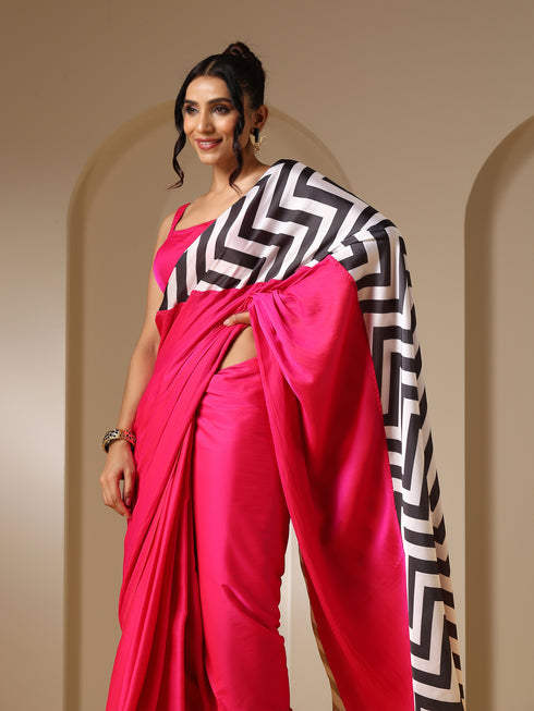 Fuchsia Satin Saree with Chevron Print with Fuchsia Blouse Fabric
