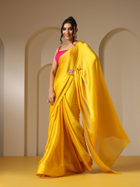 Yellow Soft Chiffon Saree with Fuchsia Blouse Fabric