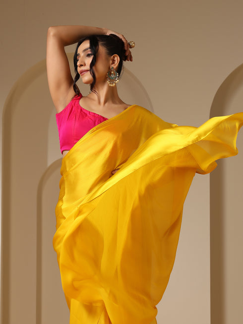 Yellow Soft Chiffon Saree with Fuchsia Blouse Fabric