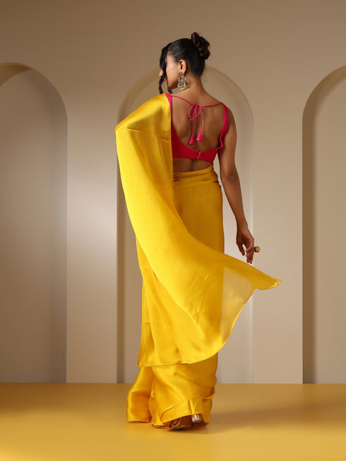 Yellow Soft Chiffon Saree with Fuchsia Blouse Fabric