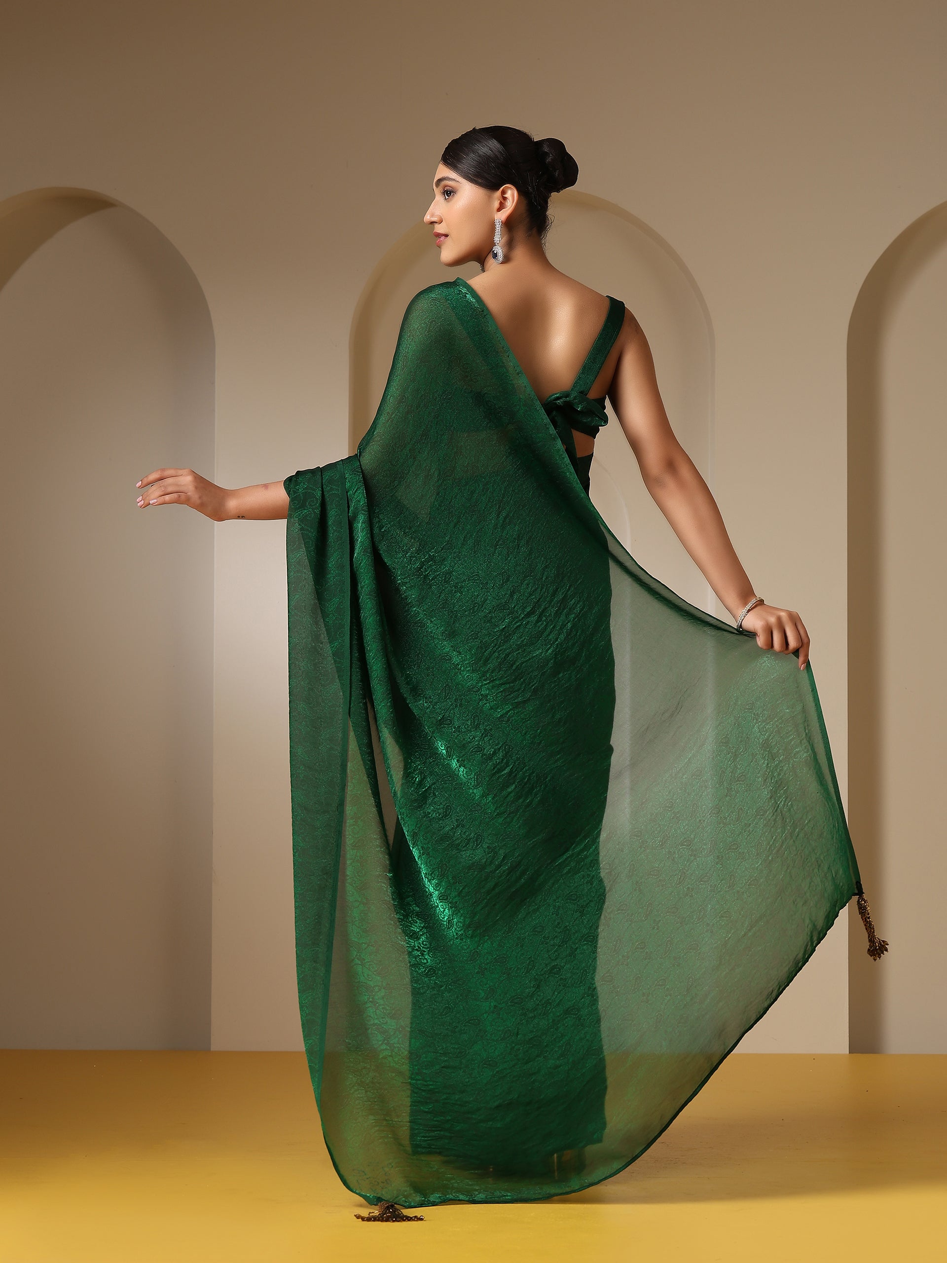 Colour Me Earth Green Paisley Chiffon Saree with Beaded Pendants & Blouse Fabric