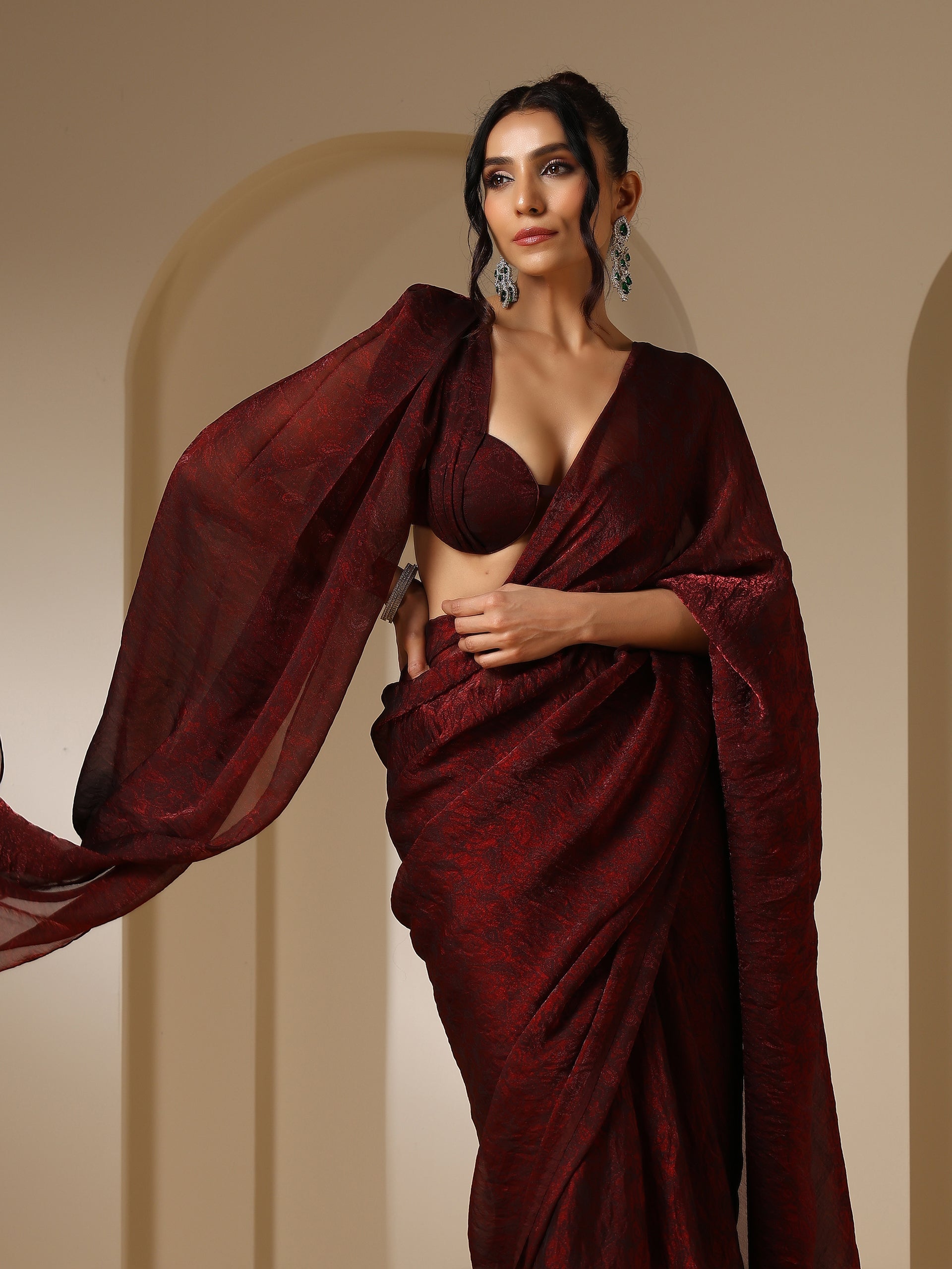 Majestic Maroon Paisley Chiffon Saree with Bronze Long Pendants with Blouse Fabric