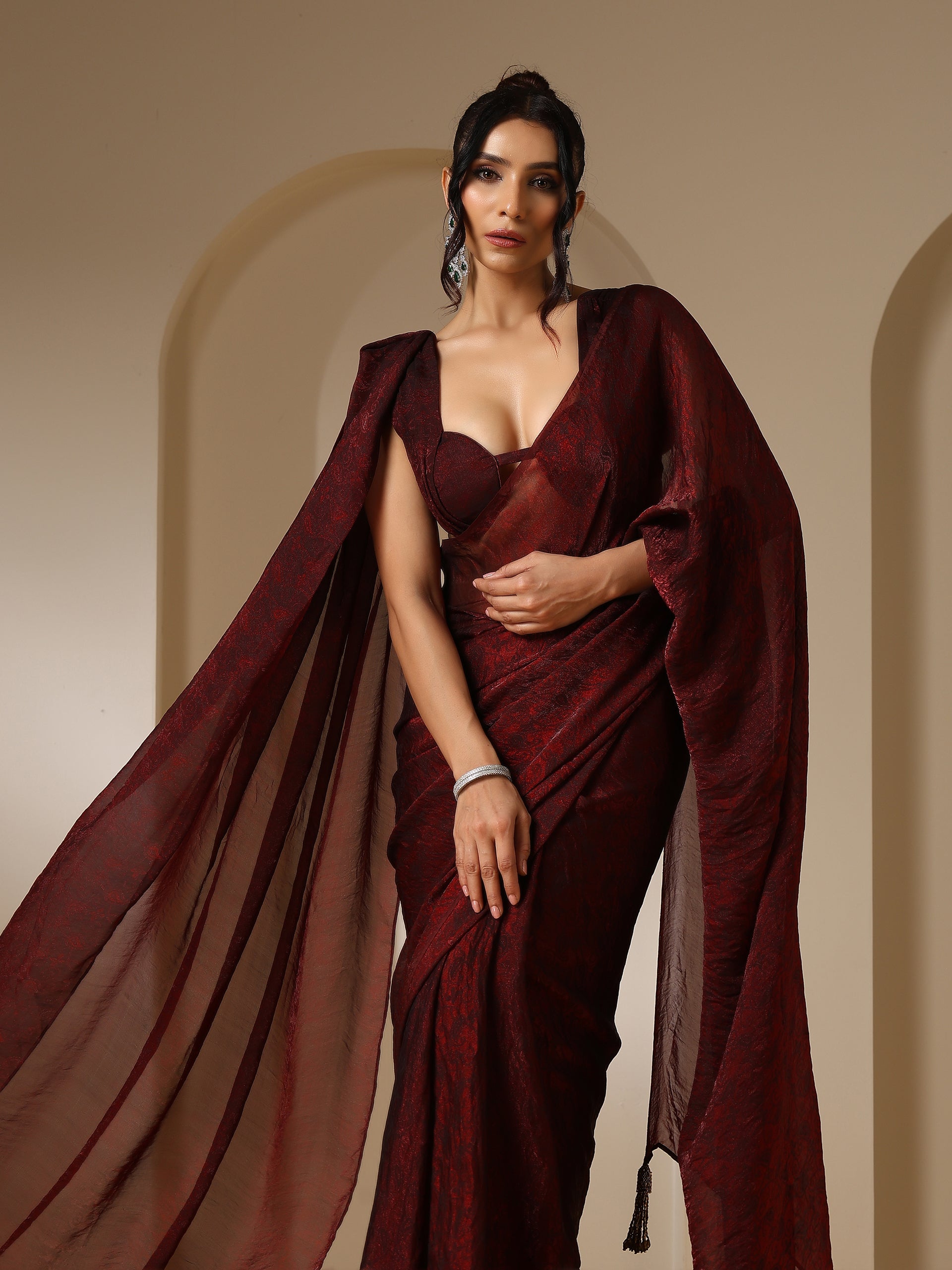 Majestic Maroon Paisley Chiffon Saree with Bronze Long Pendants with Blouse Fabric