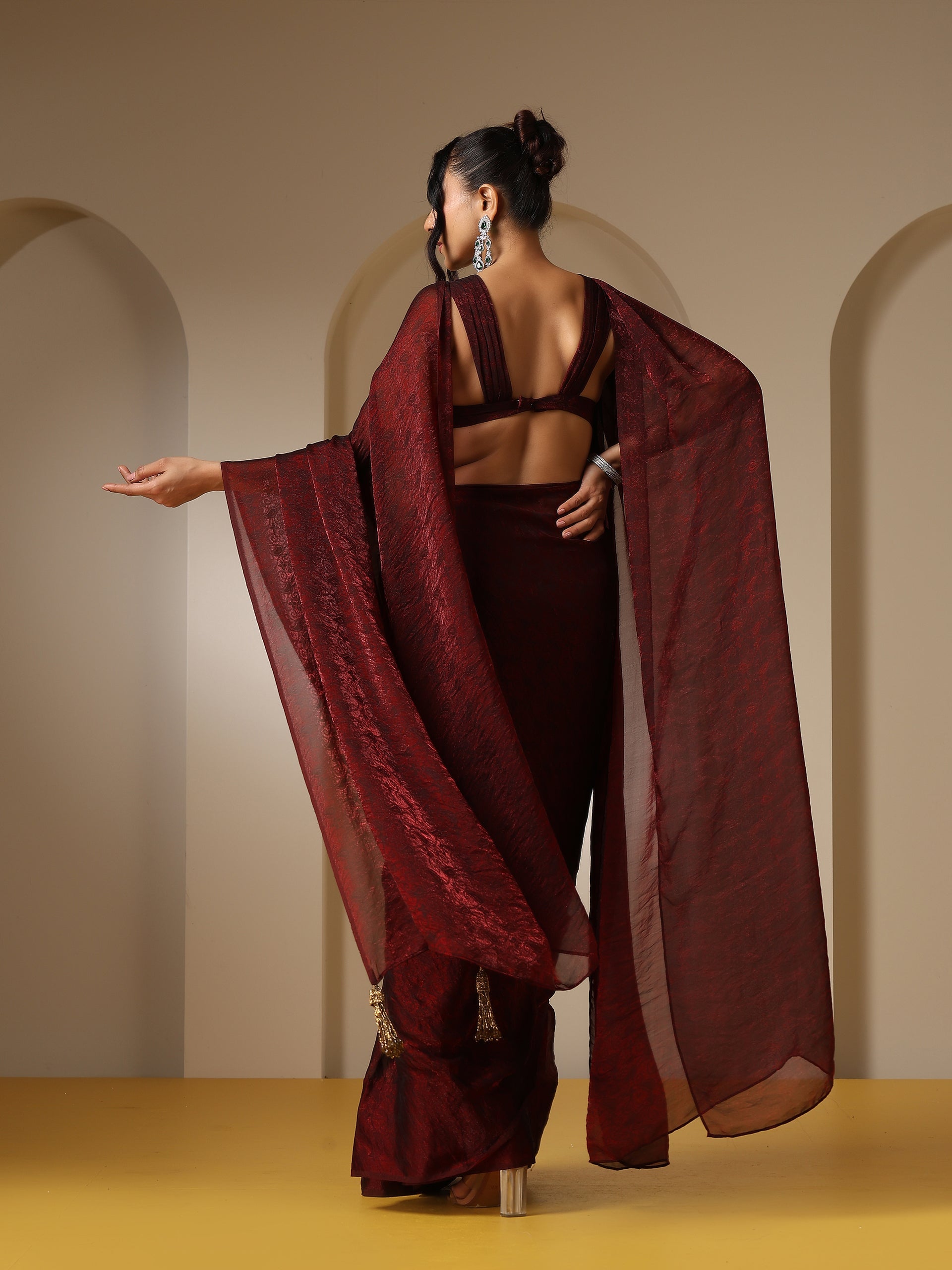 Majestic Maroon Paisley Chiffon Saree with Bronze Long Pendants with Blouse Fabric