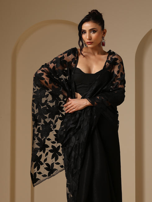 Night Bird Net Saree with Blouse Fabric