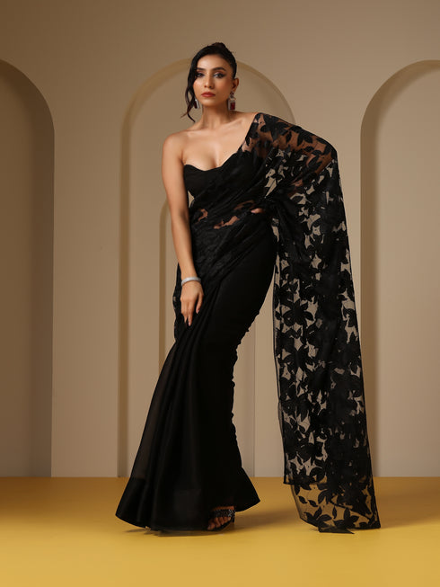 Night Bird Net Saree with Blouse Fabric