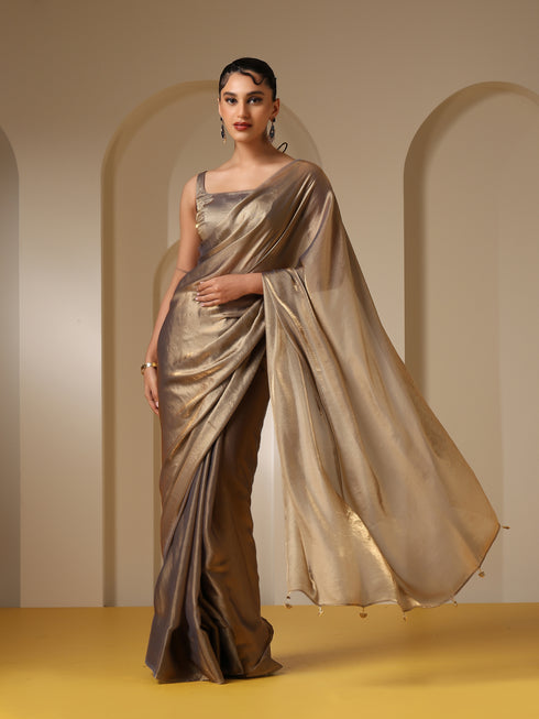 Liquid Bronze Copper Metallic Satin Saree with Blouse Fabric