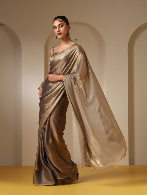 Liquid Bronze Copper Metallic Satin Saree with Blouse Fabric