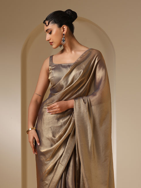 Liquid Bronze Copper Metallic Satin Saree with Blouse Fabric