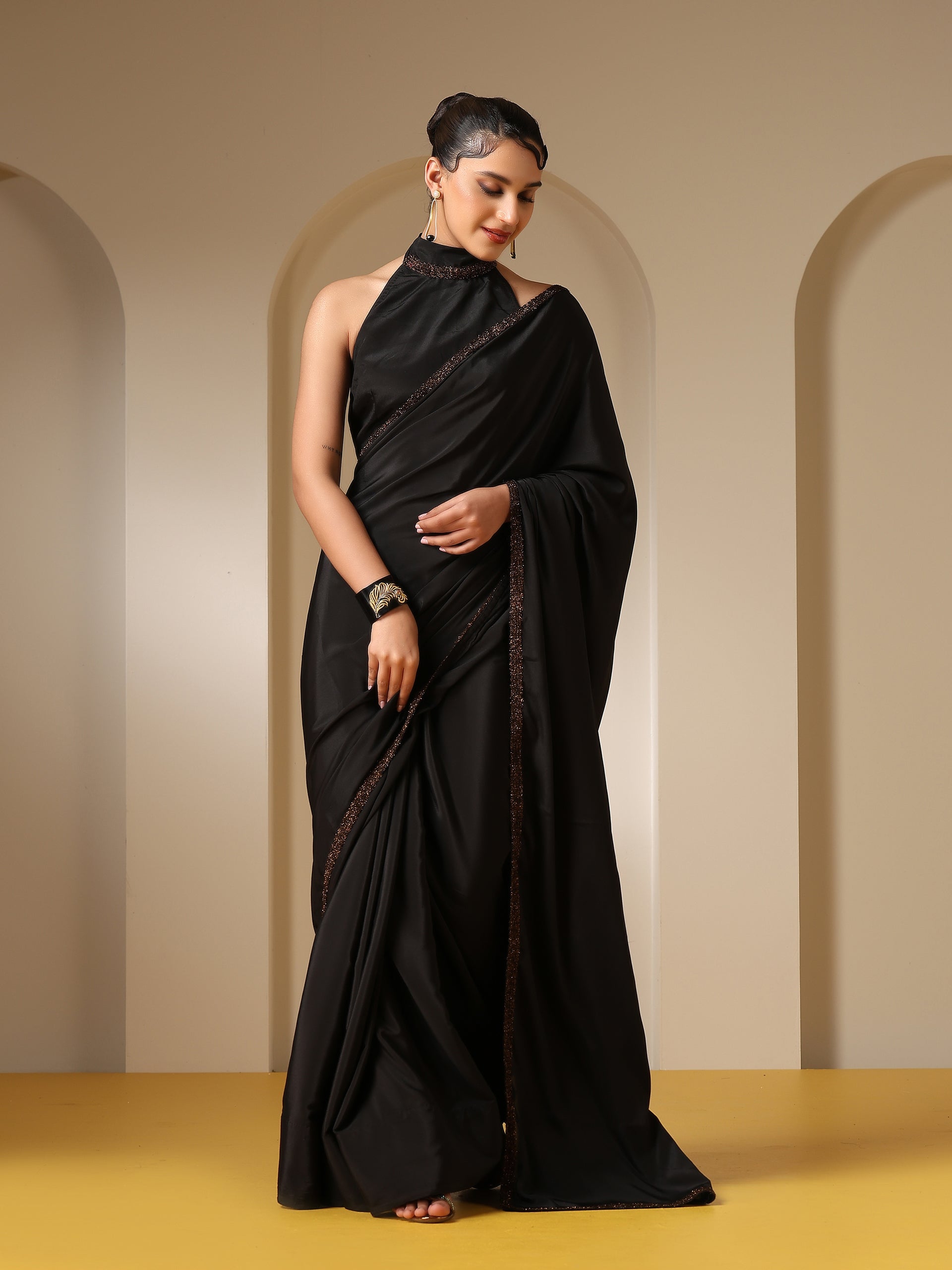 Black Crepe Saree with Bushy Lace and Self Fabric Blouse
