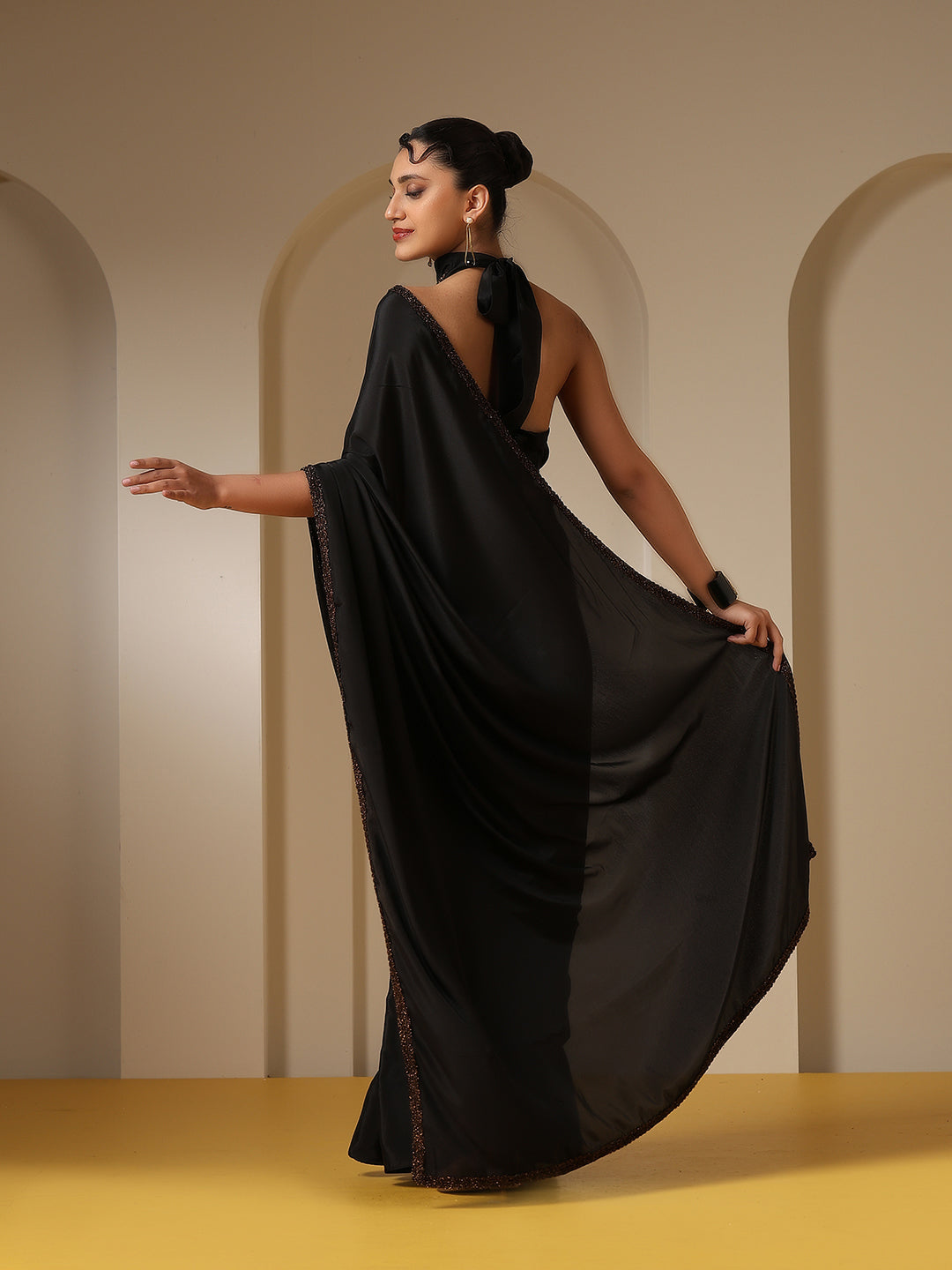 Black Crepe Saree with Bushy Lace and Self Fabric Blouse