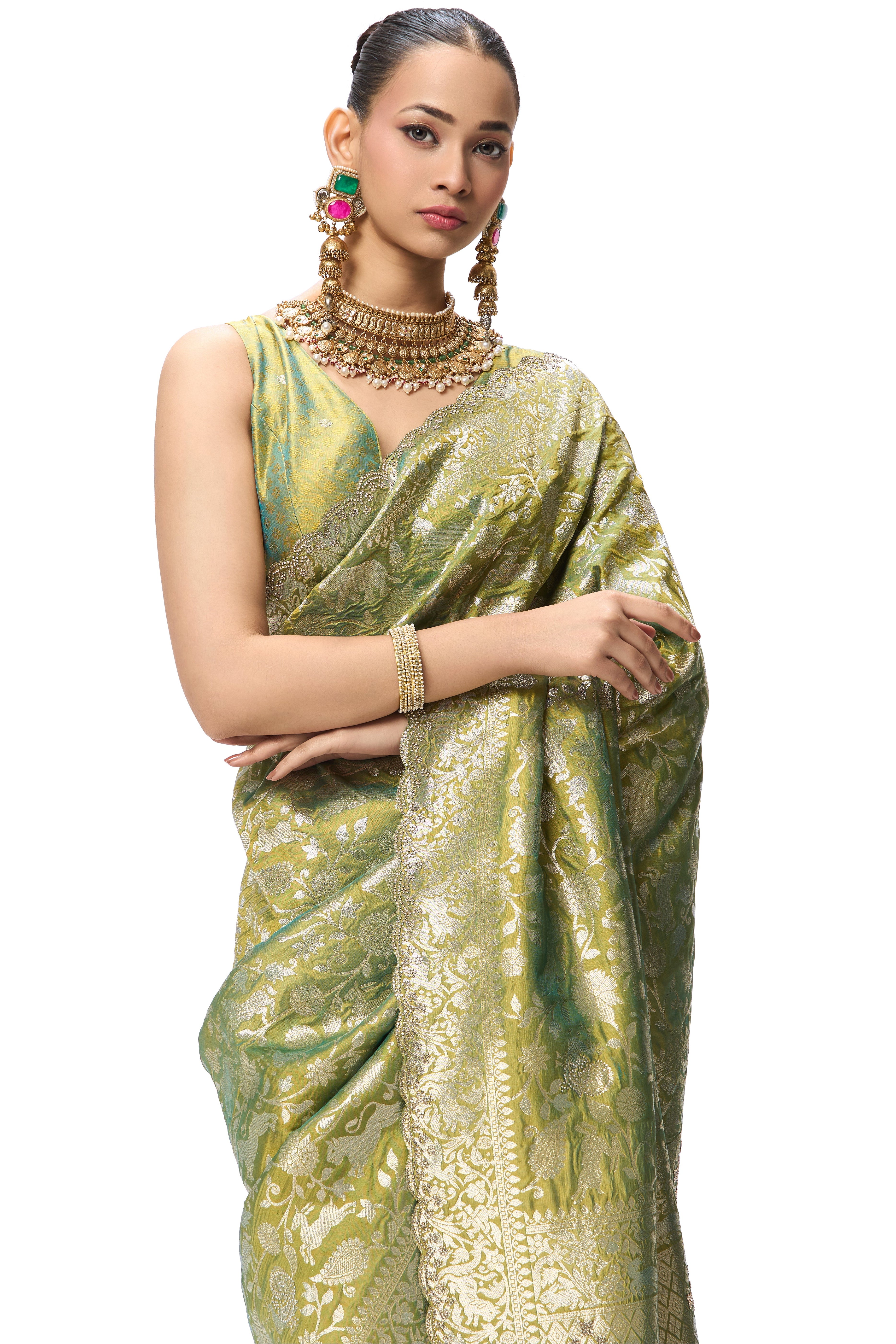 Cash Green Modern Heirtage Banarasi Saree with Diamonds with Blouse Fabric