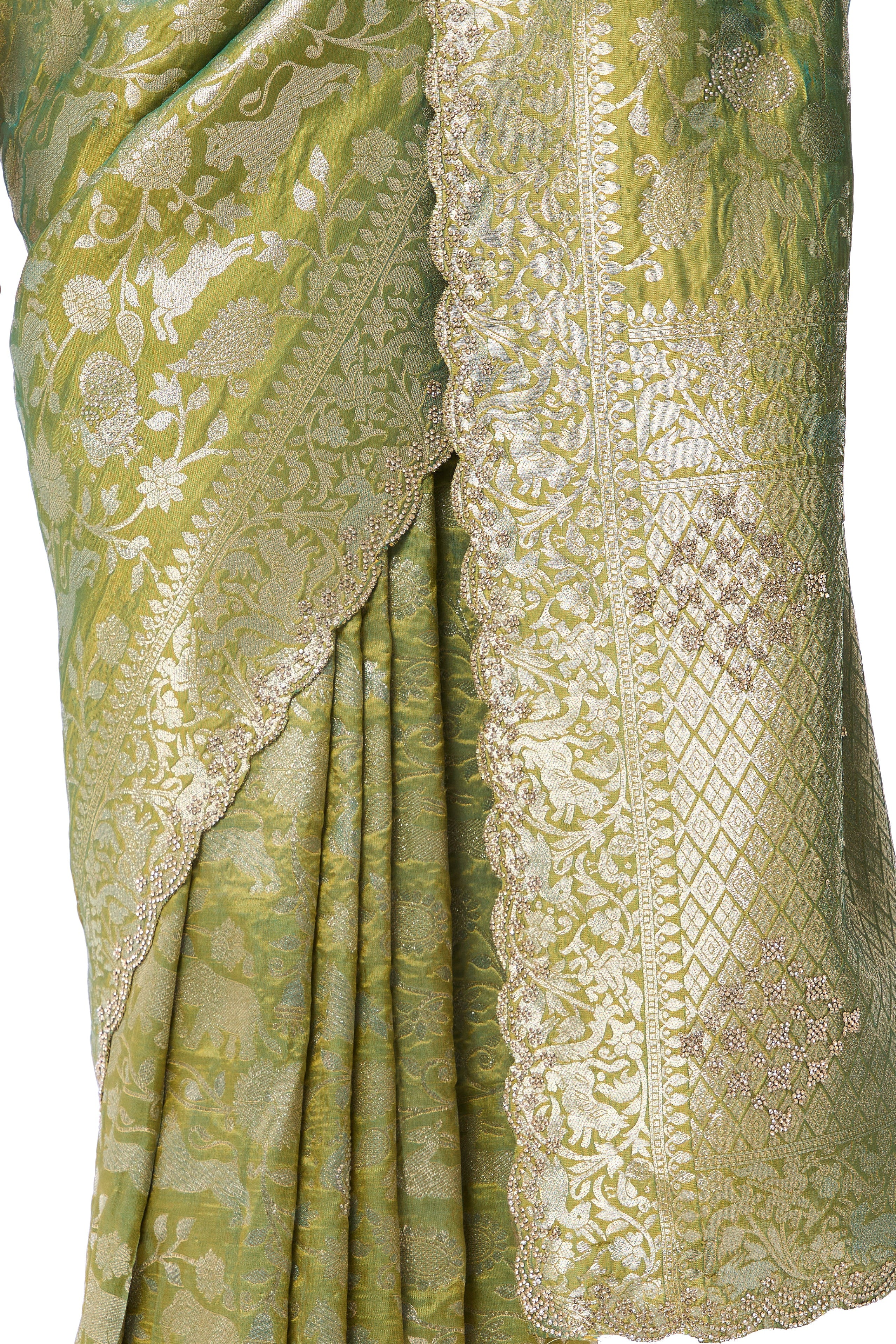 Cash Green Modern Heirtage Banarasi Saree with Diamonds with Blouse Fabric