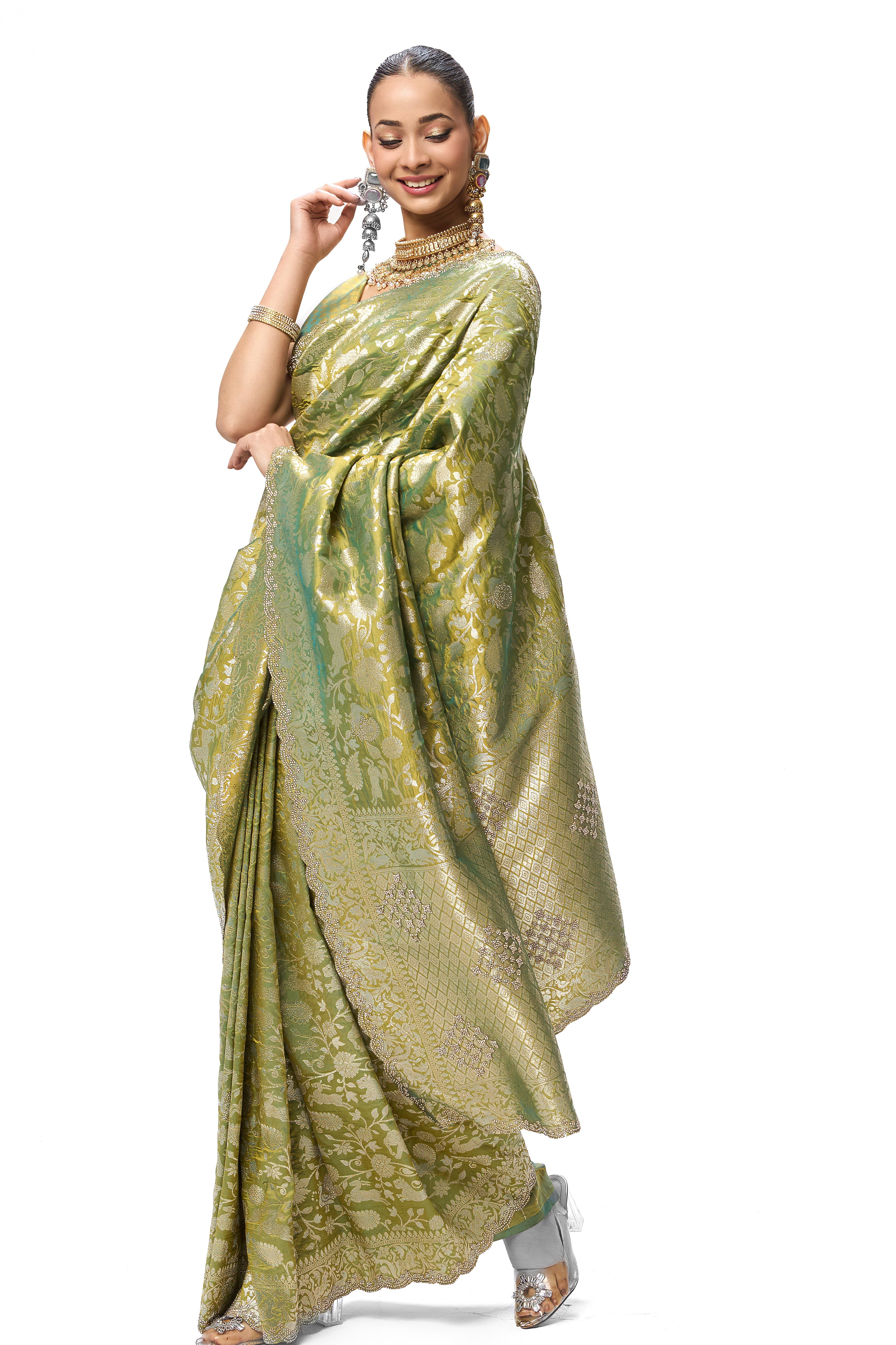 Cash Green Modern Heirtage Banarasi Saree with Diamonds with Blouse Fabric