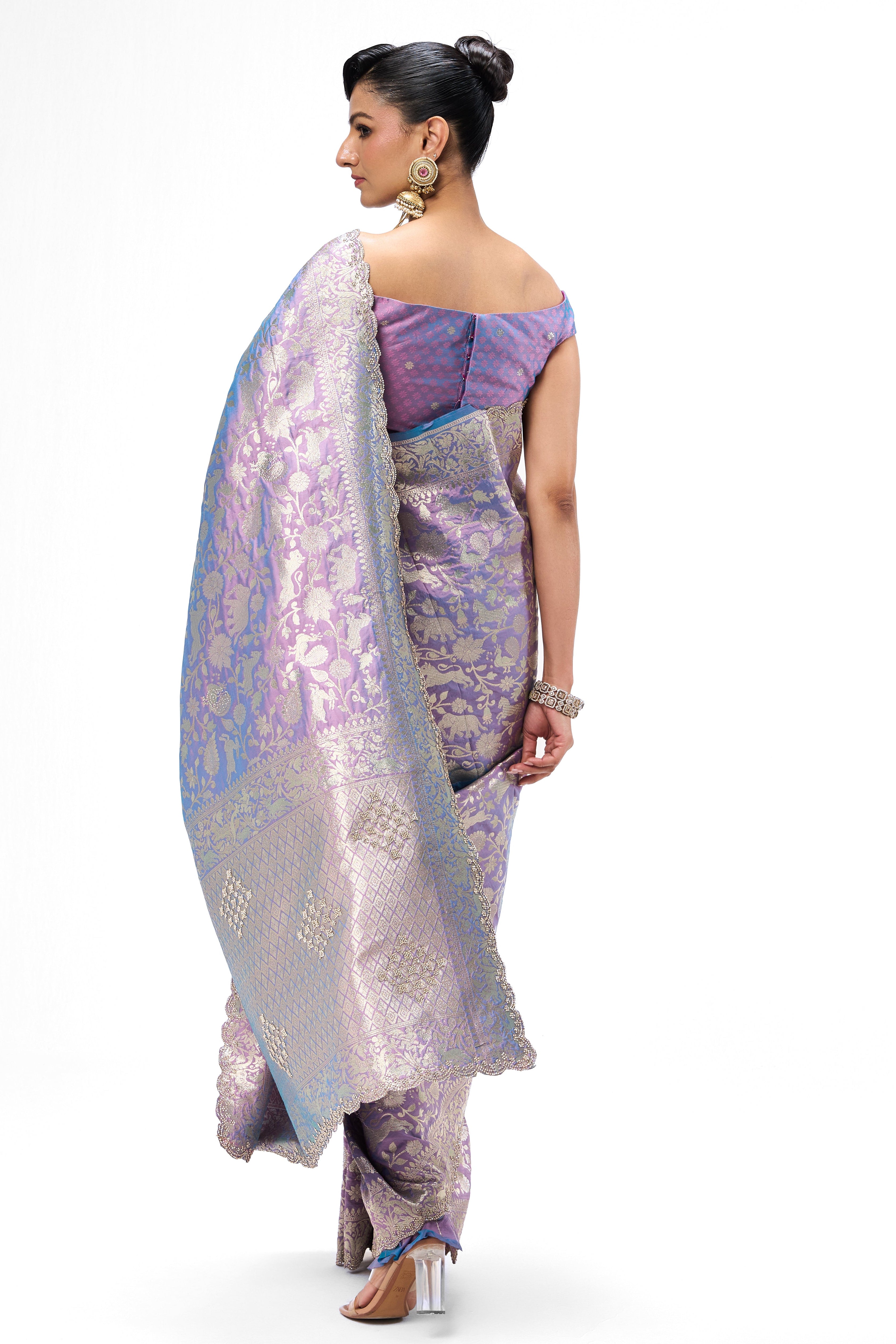 Lilac Modern Heirtage Banarasi Saree with Diamonds with Blouse Fabric