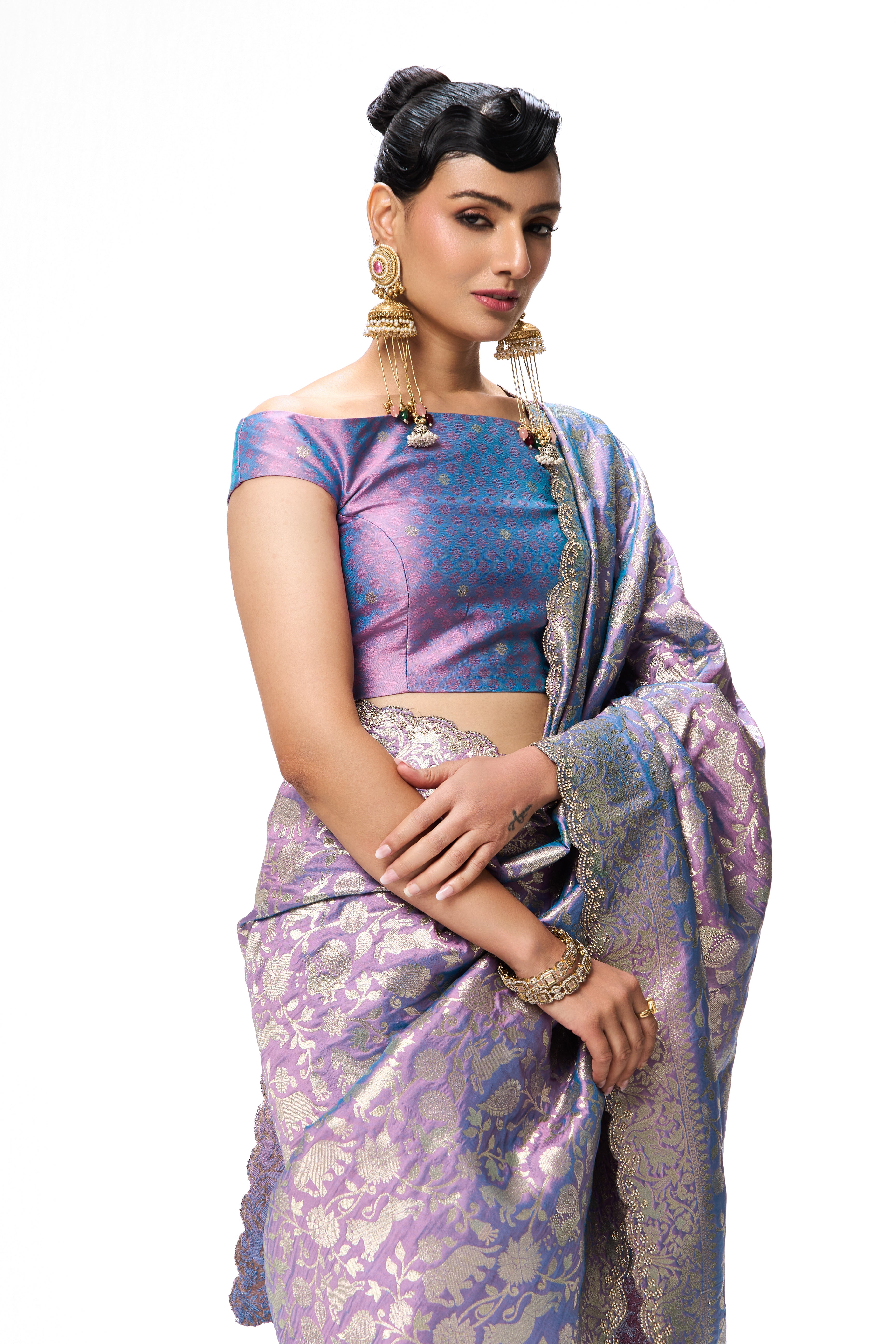 Lilac Modern Heirtage Banarasi Saree with Diamonds with Blouse Fabric