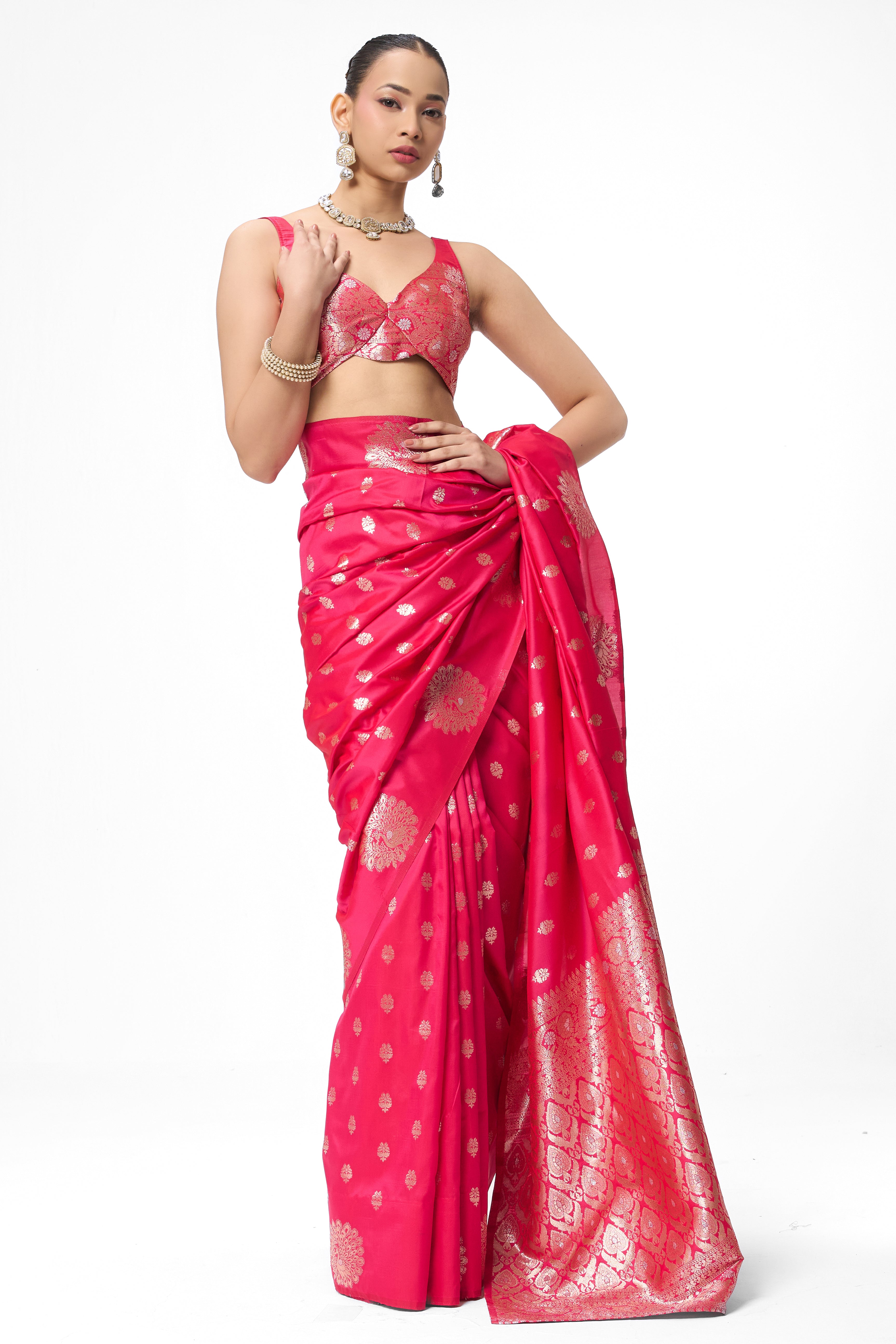 Red Pink Banarasi Saree with Blouse Fabric