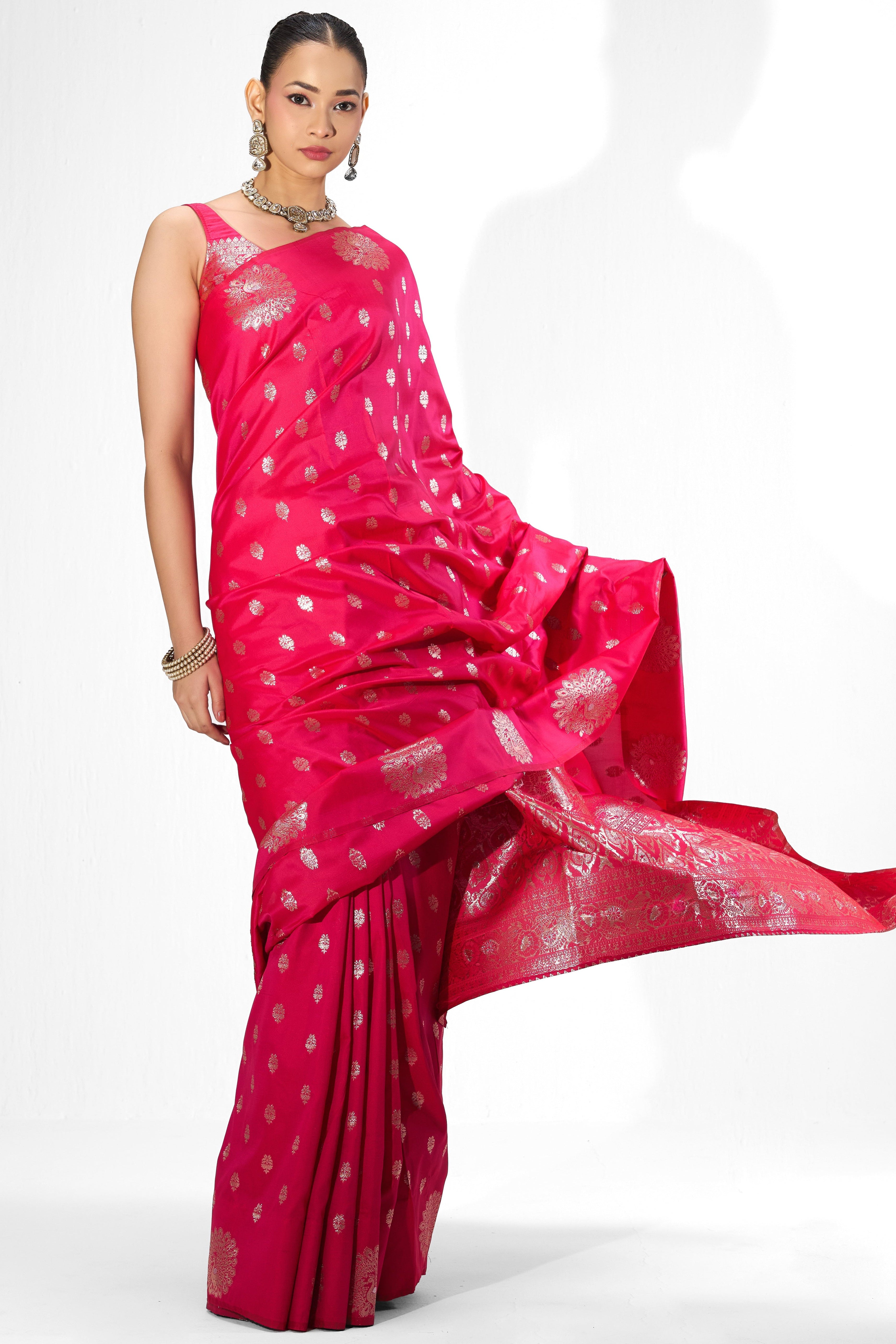 Red Pink Banarasi Saree with Blouse Fabric