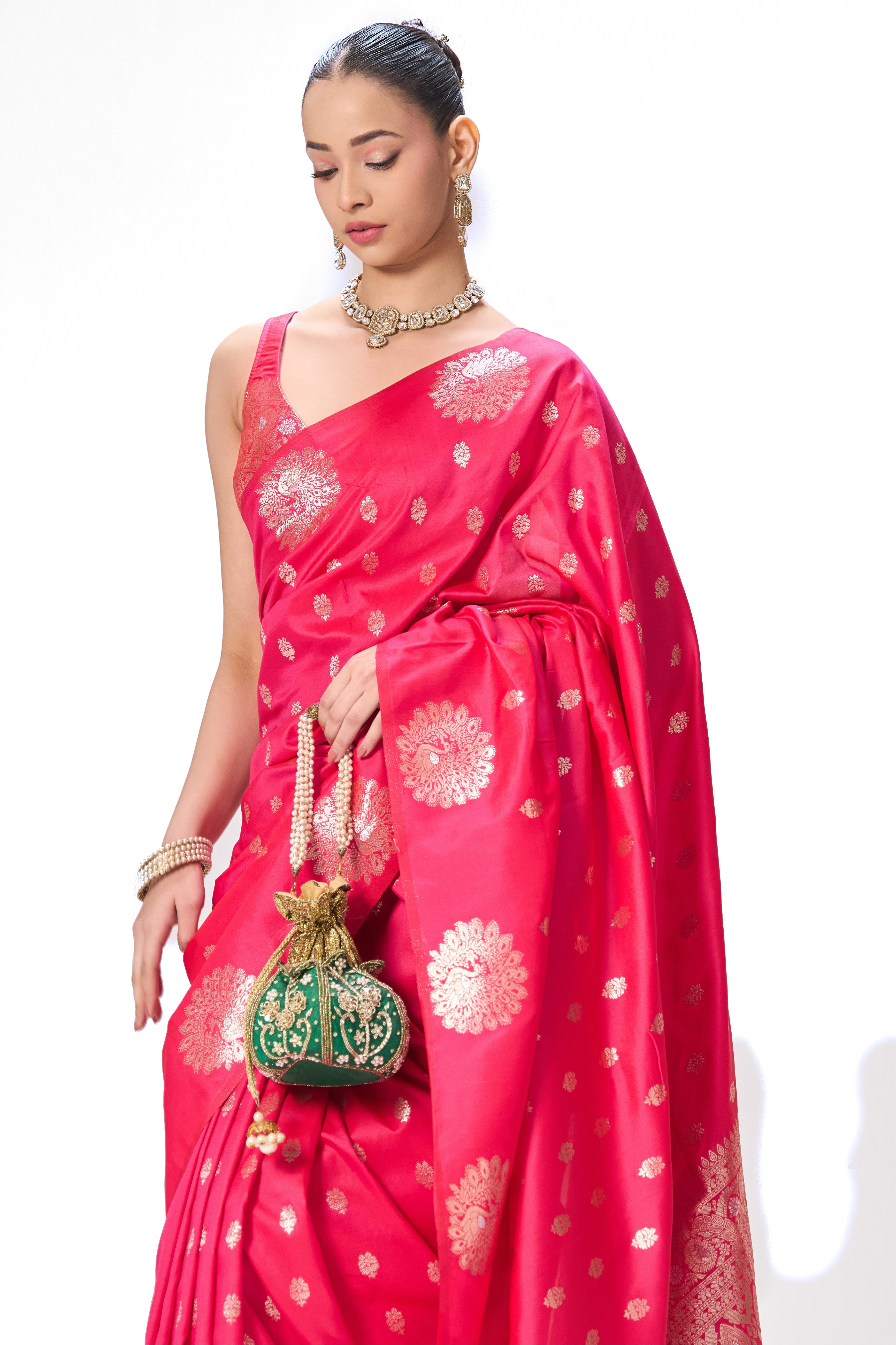 Red Pink Banarasi Saree with Blouse Fabric