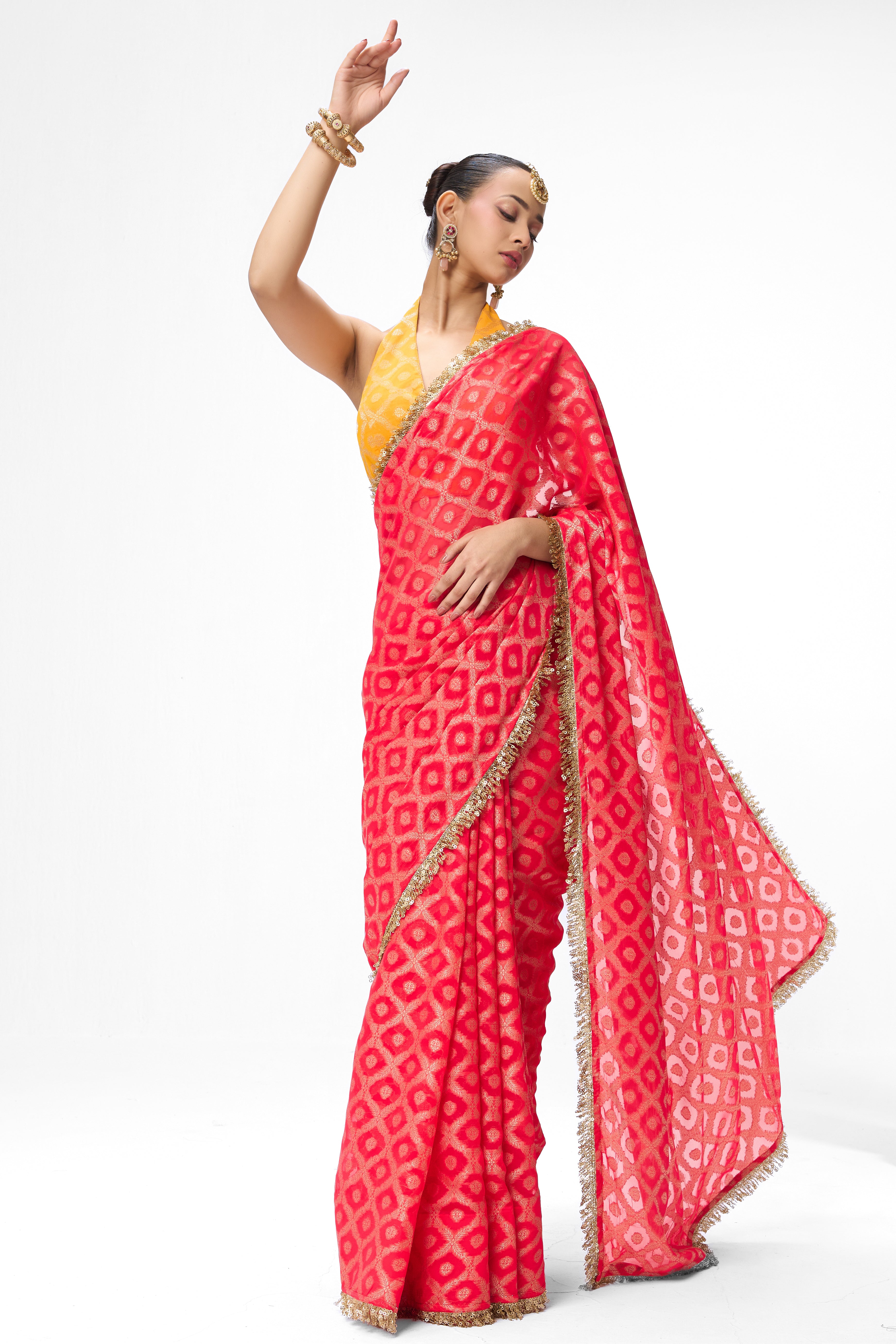 Red woven Geogette all over lace saree with Blouse fabric