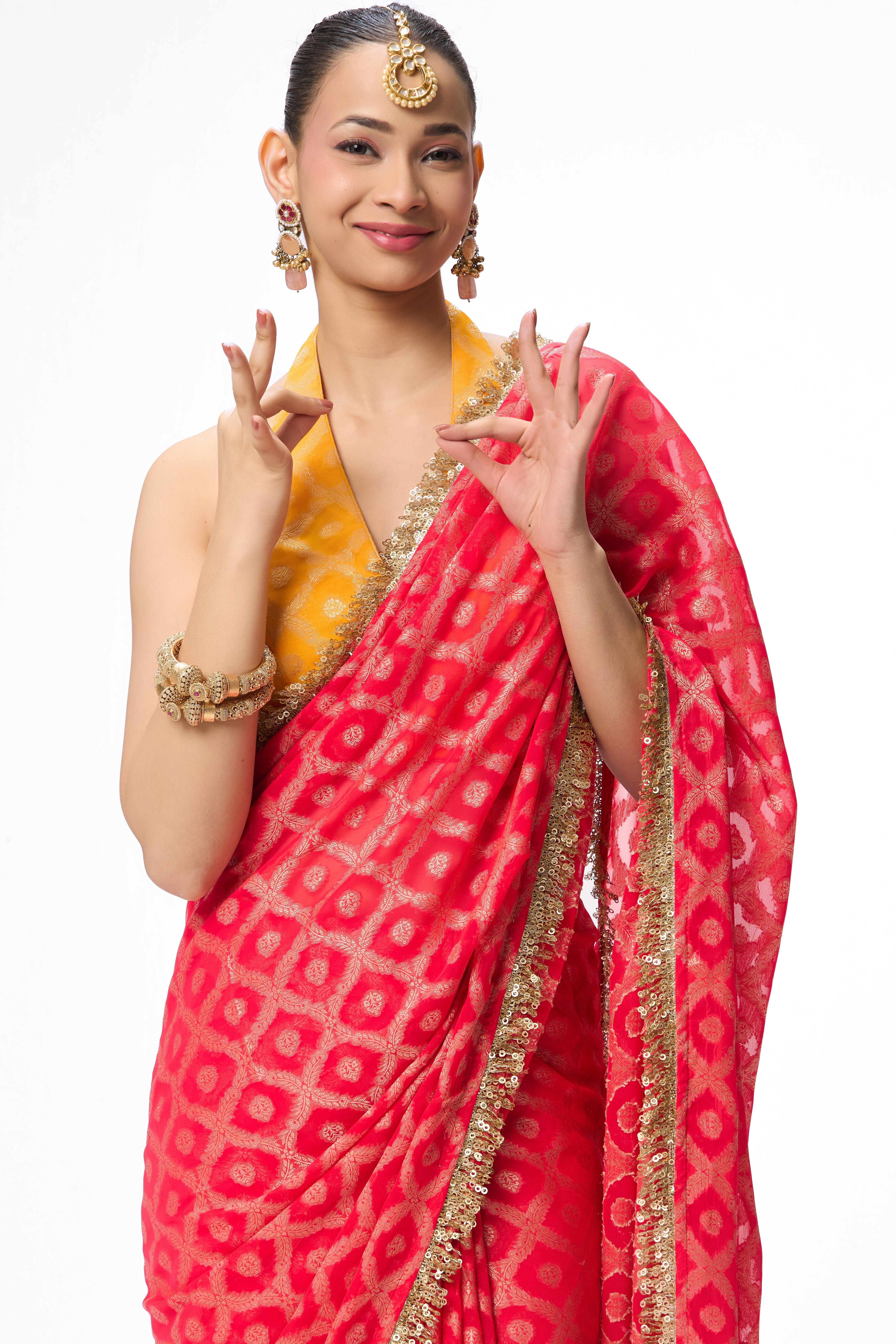 Red woven Geogette all over lace saree with Blouse fabric