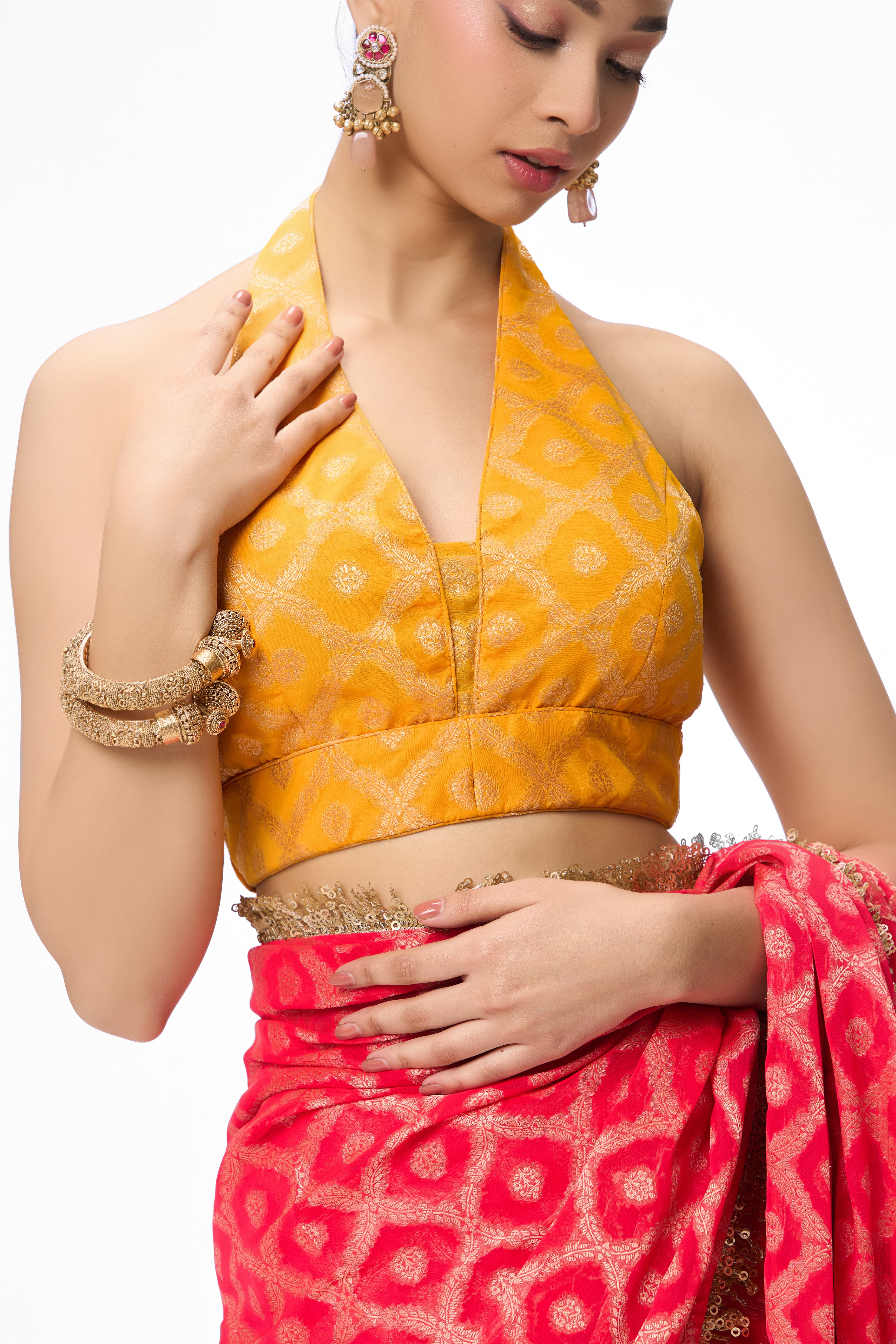 Red woven Geogette all over lace saree with Blouse fabric