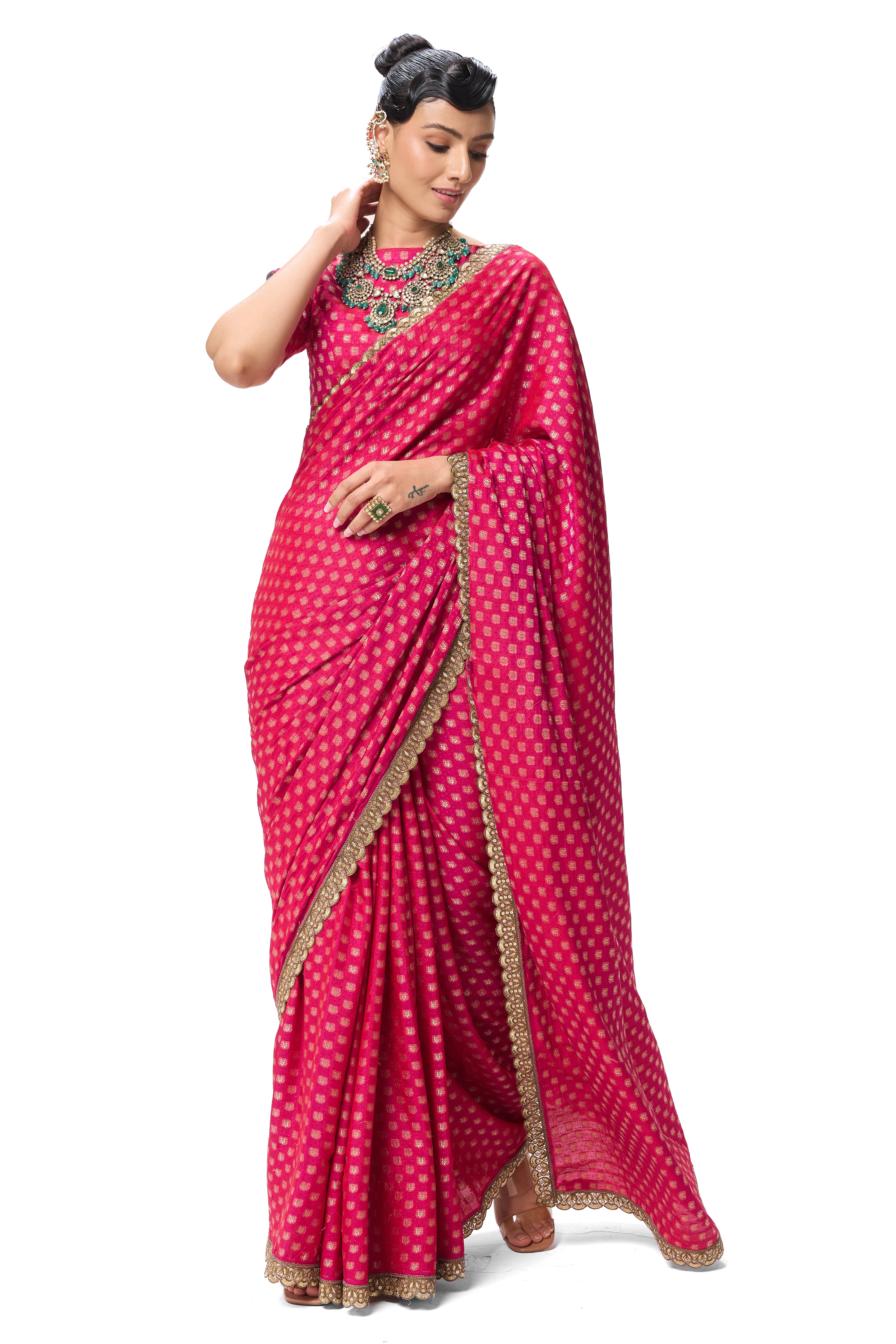 Pink Woven silk all over lace saree with Blouse Fabric