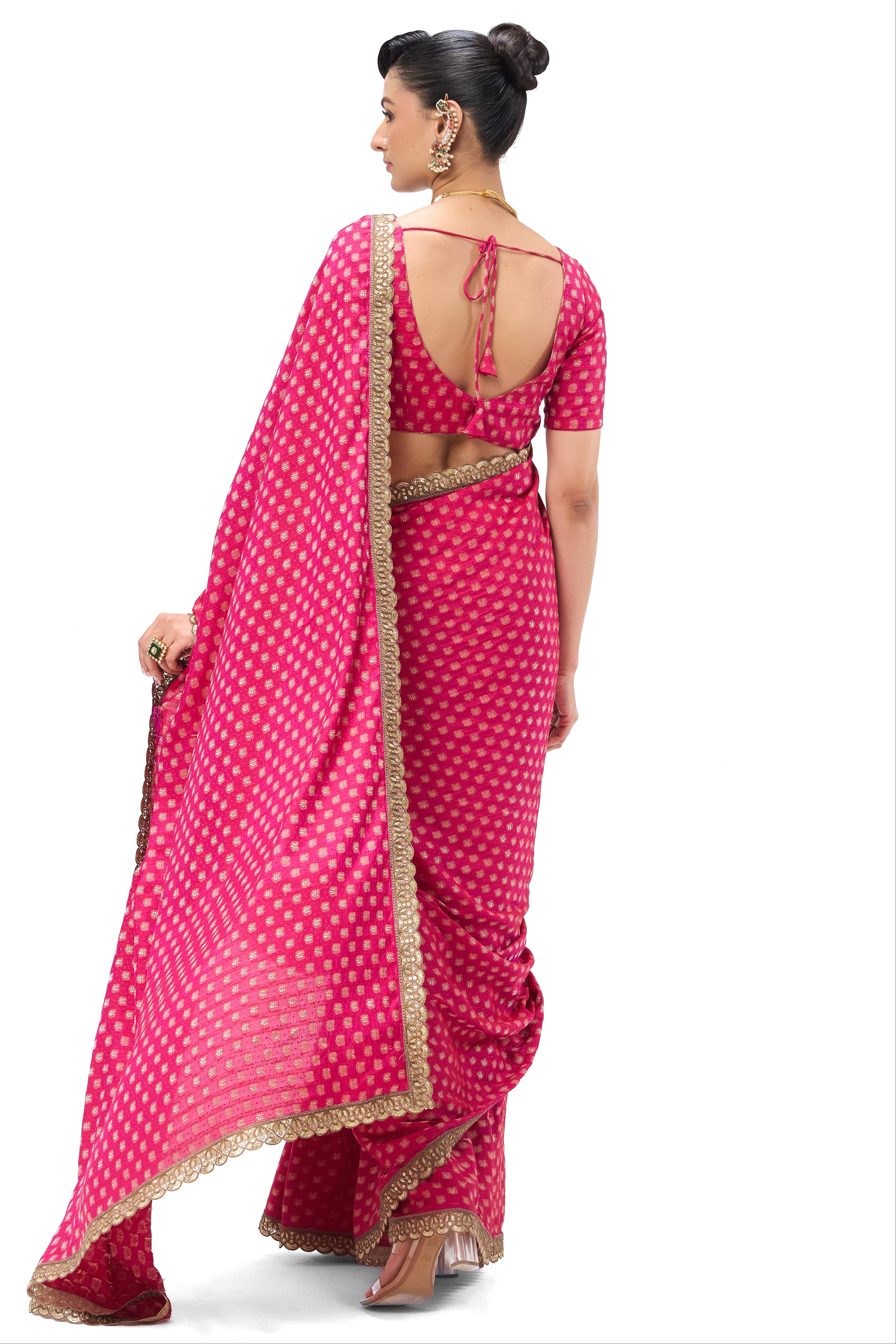 Pink Woven silk all over lace saree with Blouse Fabric