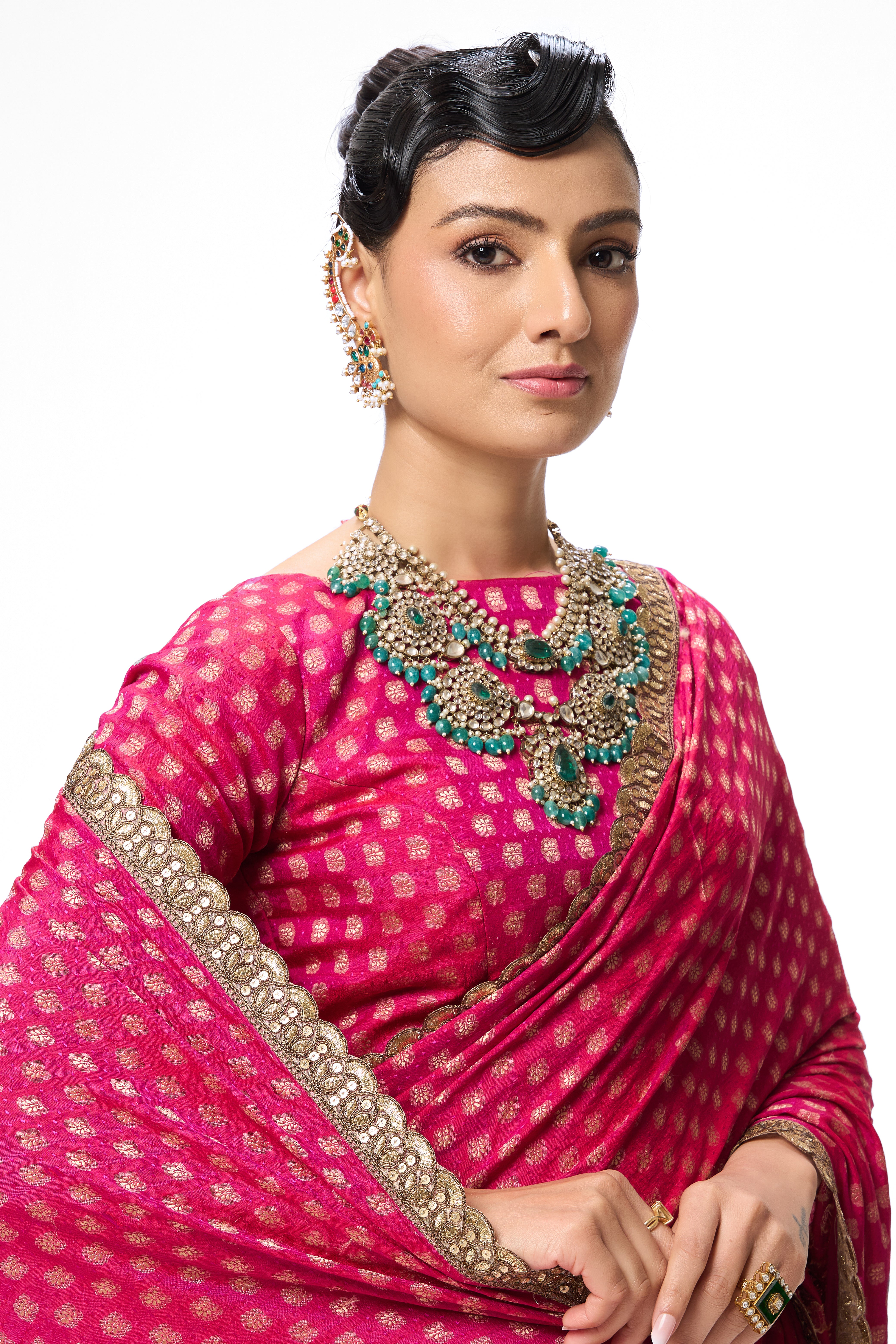 Pink Woven silk all over lace saree with Blouse Fabric