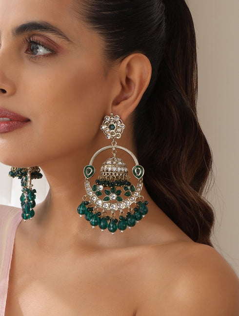 Green Round Color Kundan Jhumka Earrings