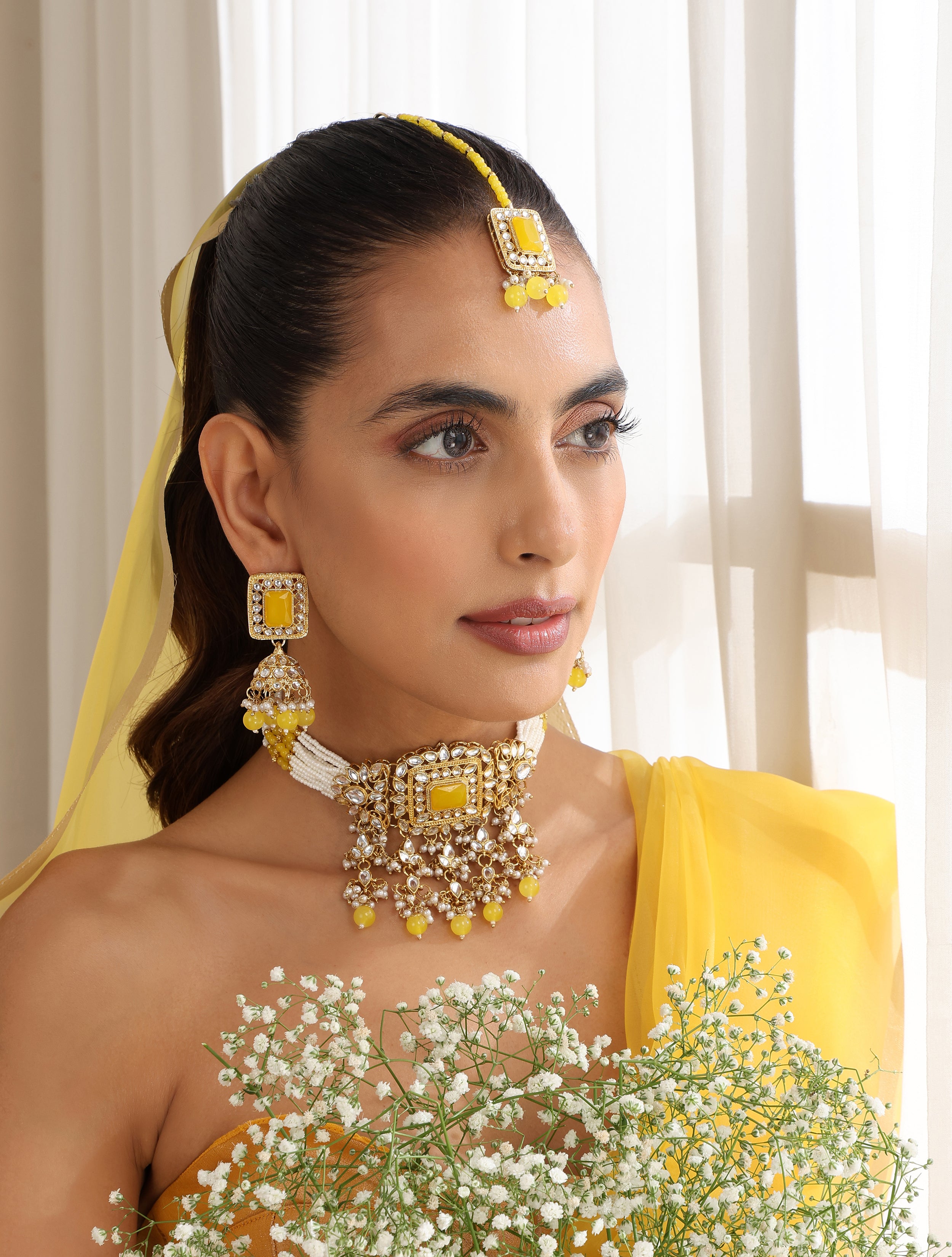 Yellow Pearl Choker Kundan Necklace, Earring and Maang Teeka Set