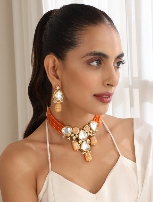 Orange Color Kundan Meena Necklace & Earring Set