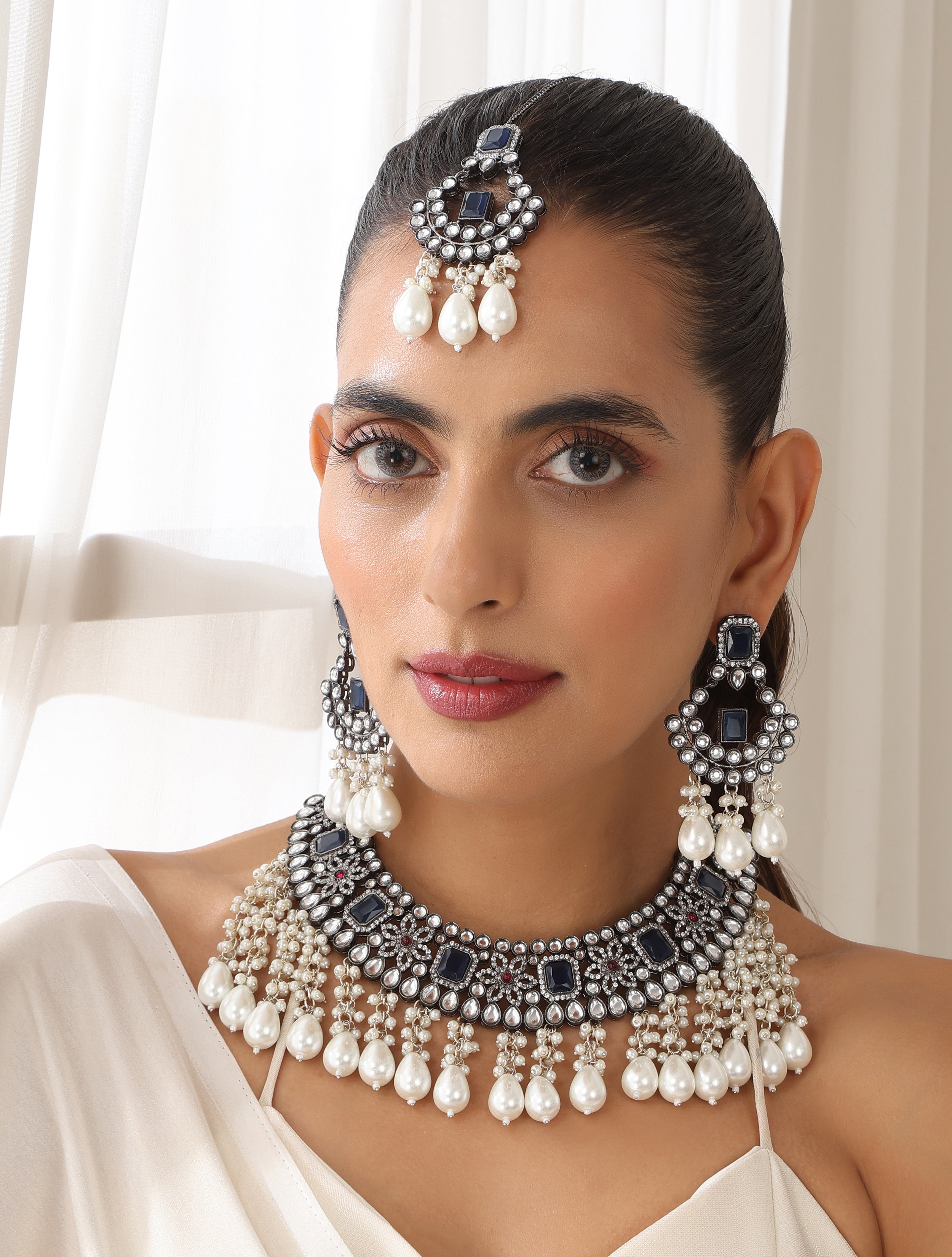 Blue Pearl Drop American Diamond Necklace, Earring and Maang Teeka Set